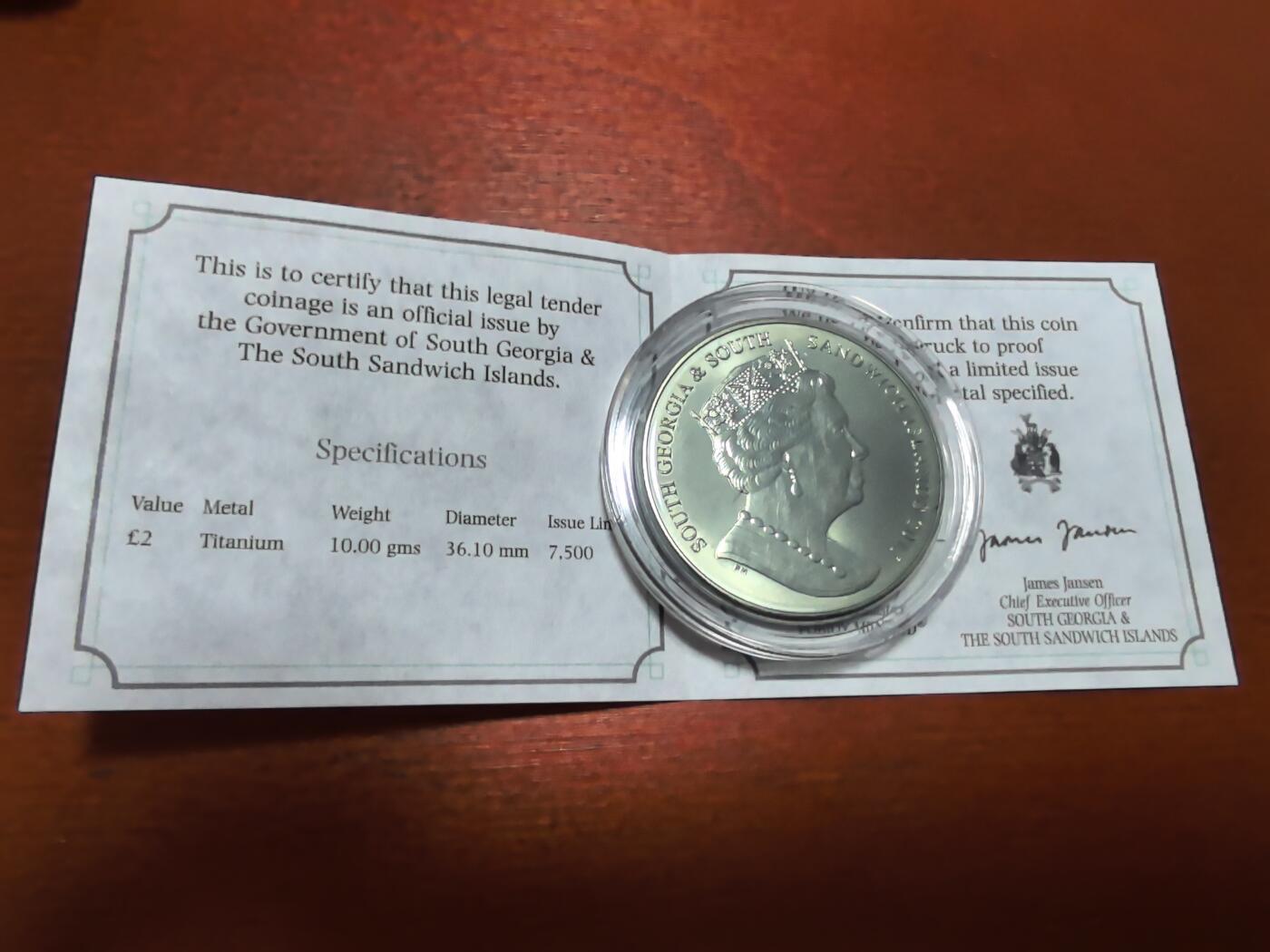 长老汇蛇年精选第九十五场拍卖 2017英属南乔治岛海象2元钛合金币，盒证全，7500枚