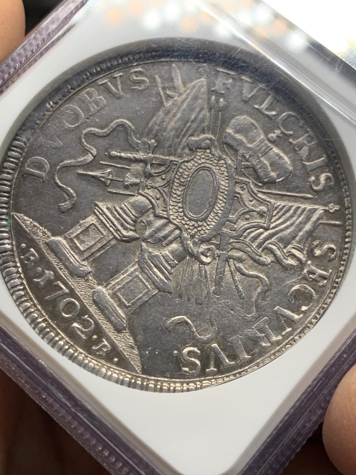 《竞宝斋》第461场 周日，周一，2场连拍 （全场包邮）欢迎送拍 NGC AU58 亚军分 德国不伦瑞克-沃尔芬比特尔 1702 泰勒银币 安东·乌尔里希、鲁道夫·奥古斯特共治时期发行 罕见品种 加厚盒封装