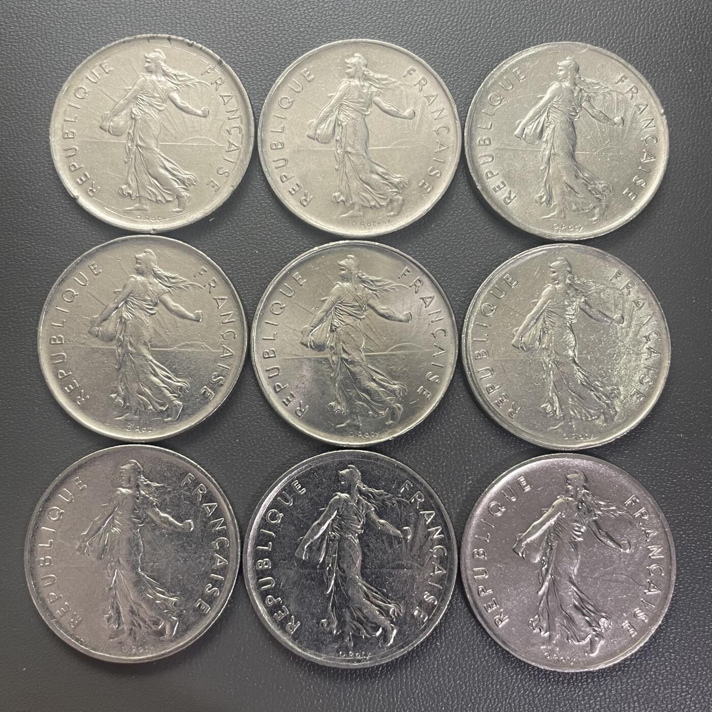 回流0125 法国1970-75、1992、93、95年播种女神5法郎9枚