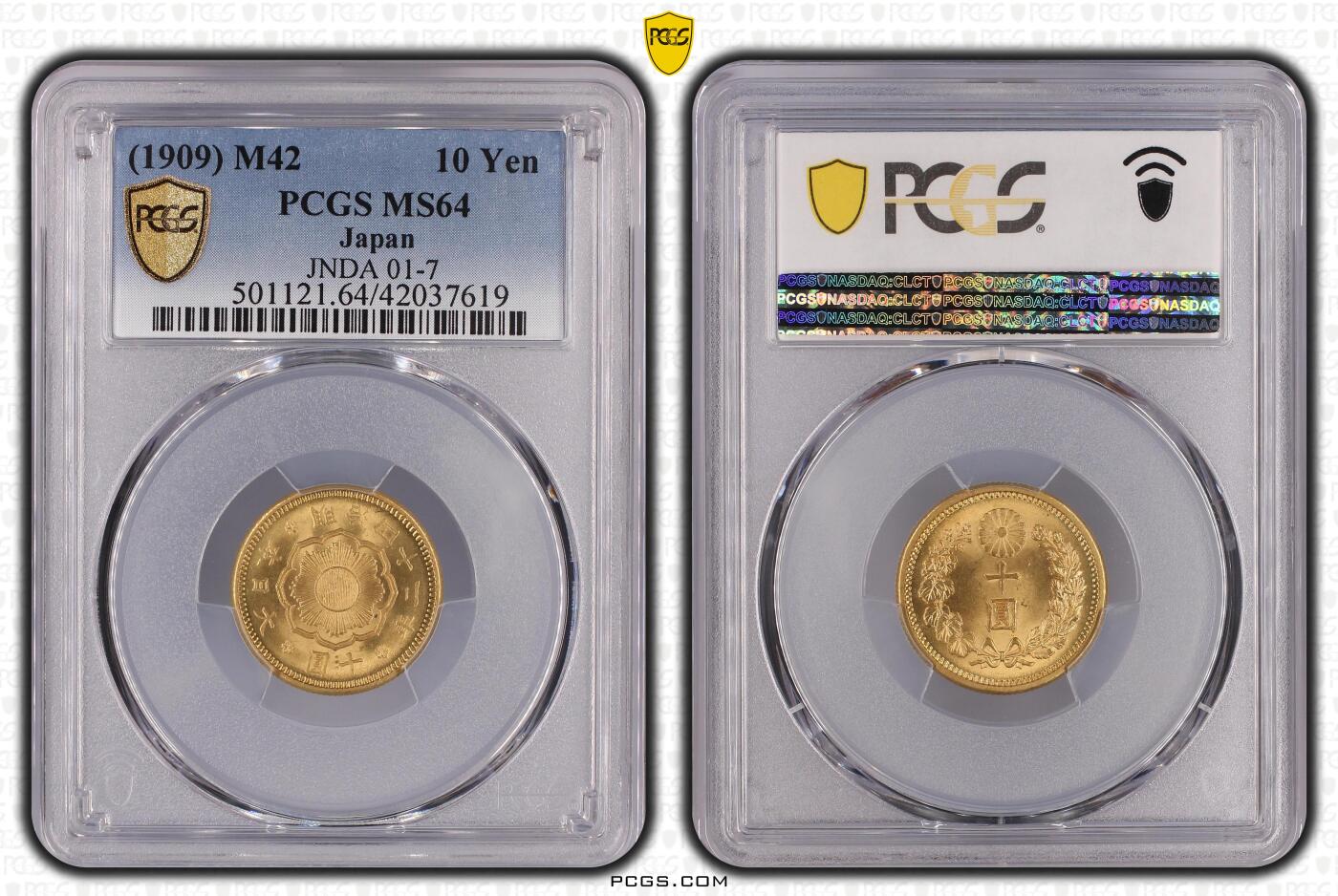 凡希社世界钱币微拍第三百十九期 1909明治四十二年日本十元金币PCGS-MS64，金色明亮纯正，8.33g，900金。