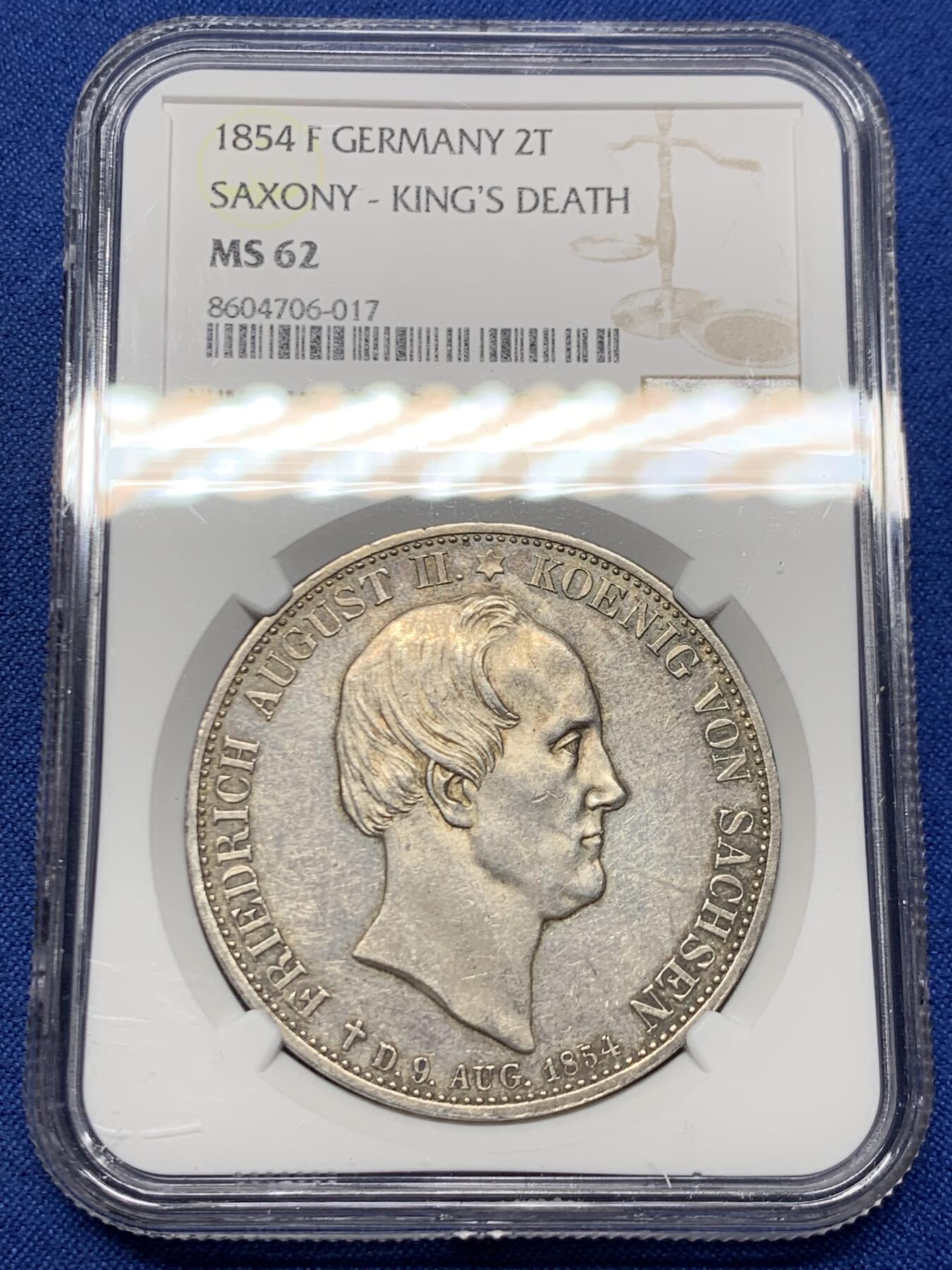 《竞宝斋》第461场 周日，周一，2场连拍 （全场包邮）欢迎送拍 NGC-MS62 德国萨克森1854年双神2泰勒大银币 37克超大重量，稀少珍贵的两泰勒品种