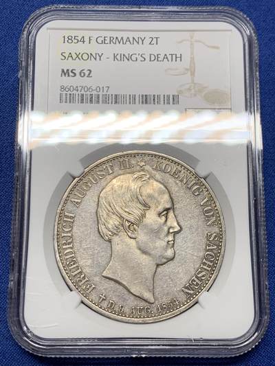 《竞宝斋》第461场 周日，周一，2场连拍 （全场包邮）欢迎送拍 - NGC-MS62 德国萨克森1854年双神2泰勒大银币 37克超大重量，稀少珍贵的两泰勒品种