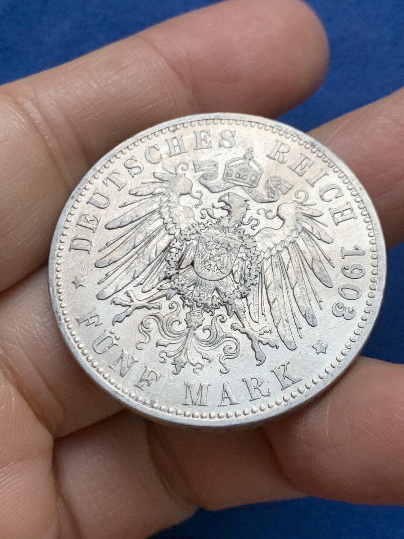 《竞宝斋》第461场 周日，周一，2场连拍 （全场包邮）欢迎送拍 德国普鲁士1903年威廉二世5马克银币