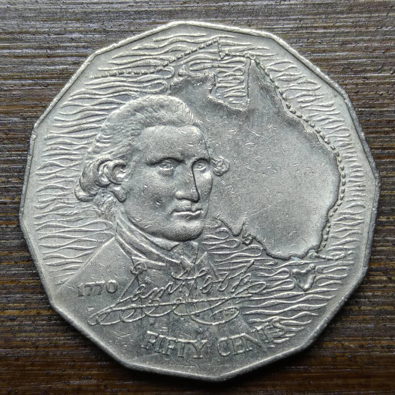 【铜匠收藏】★第140场★散币场。不寄存，30包邮。不满30元，支付5元运费。《接受代拍 代送NGC评级》 9【无寄存】澳大利亚1970年50分 库克船长200周年纪念币 铜镍币