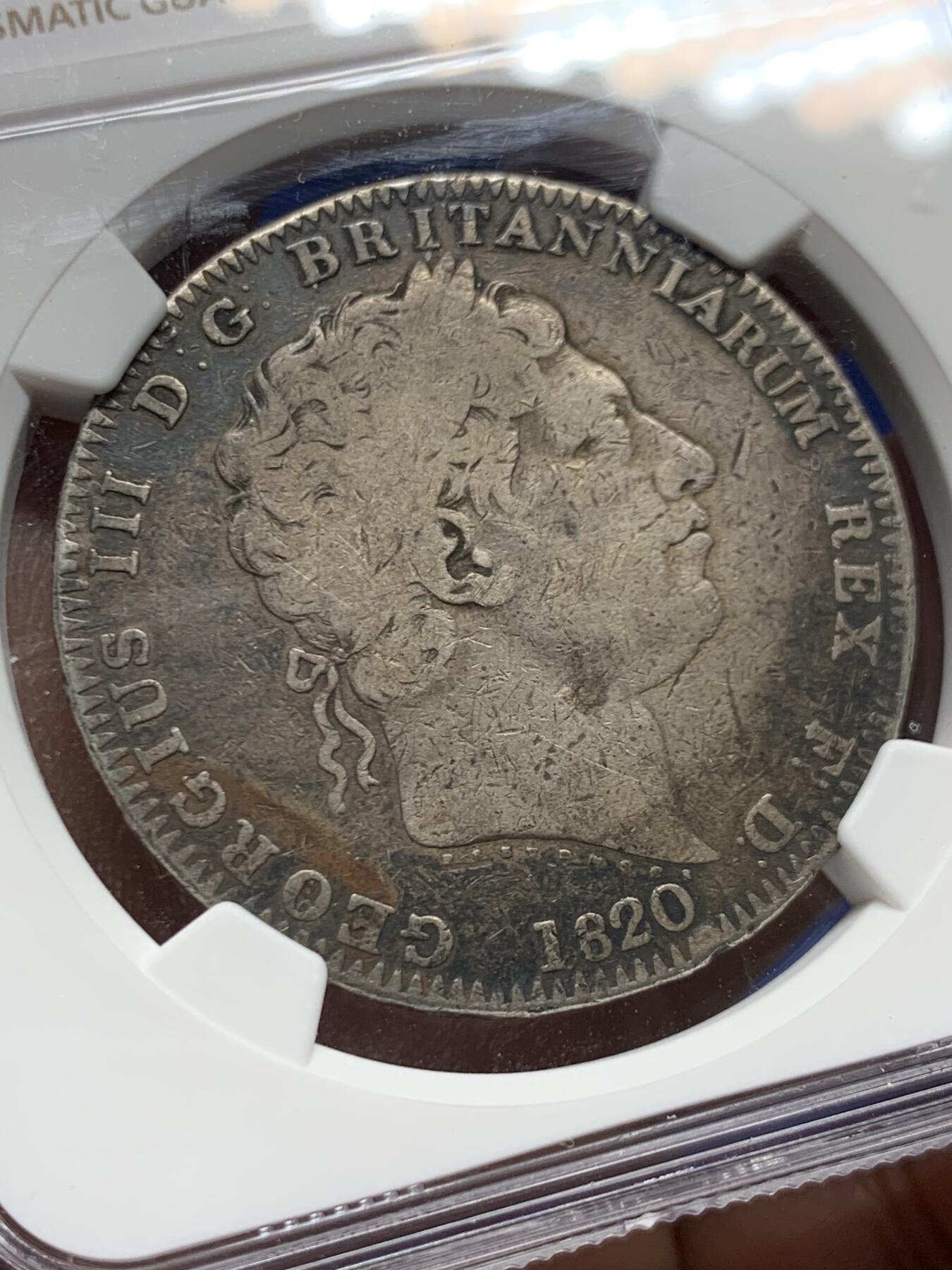 《竞宝斋》第461场 周日，周一，2场连拍 （全场包邮）欢迎送拍 NGC F15 英国 1820年 1克朗 乔治三世 大银币 正背面人物还算清晰