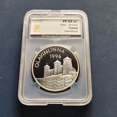 【全场包邮】纯粹捡漏拍499场-持续更新中 - 芬兰1996年20欧芬兰古城堡奥拉维城堡克朗型精制纪念银币【38.5毫米27.2克92.5%，纯银价约704元（按28元银价估算）】-TQG PF69 UC