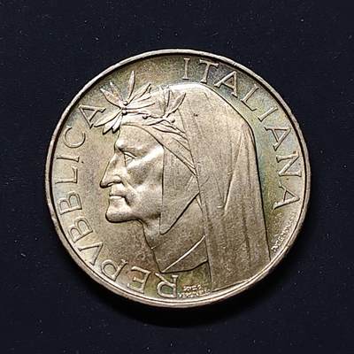 【全场包邮】纯粹捡漏拍499场-持续更新中 - 意大利1965年500里拉但丁诞生500周年纪念银币【29毫米11克83.5%，纯银价约257元（按28元银价估算）】