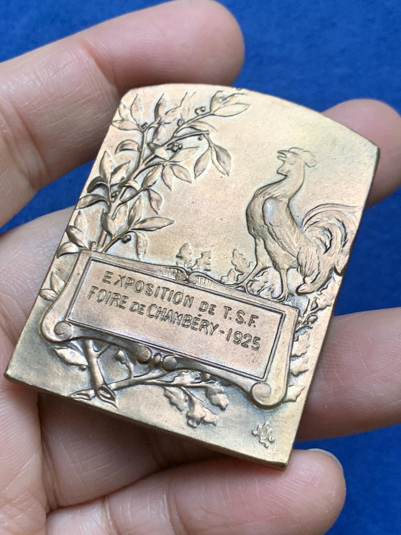 《竞宝斋》第461场 周日，周一，2场连拍 （全场包邮）欢迎送拍 法国尚贝里博览会铜章，一位古典女性形象，手持花环（象征荣誉或胜利），身旁有树枝装饰，下方有植物和器物图案（象征艺术或文化），49.7克，40*52.2mm，丰饶角铜标。