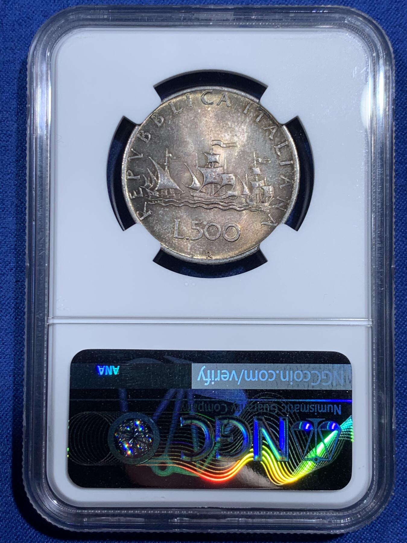 《竞宝斋》第461场 周日，周一，2场连拍 （全场包邮）欢迎送拍 NGC MS64 意大利1958年500里拉银币，该版500里拉首年份，经典人妻帆船设计，代表事业与爱情，双面深彩包浆