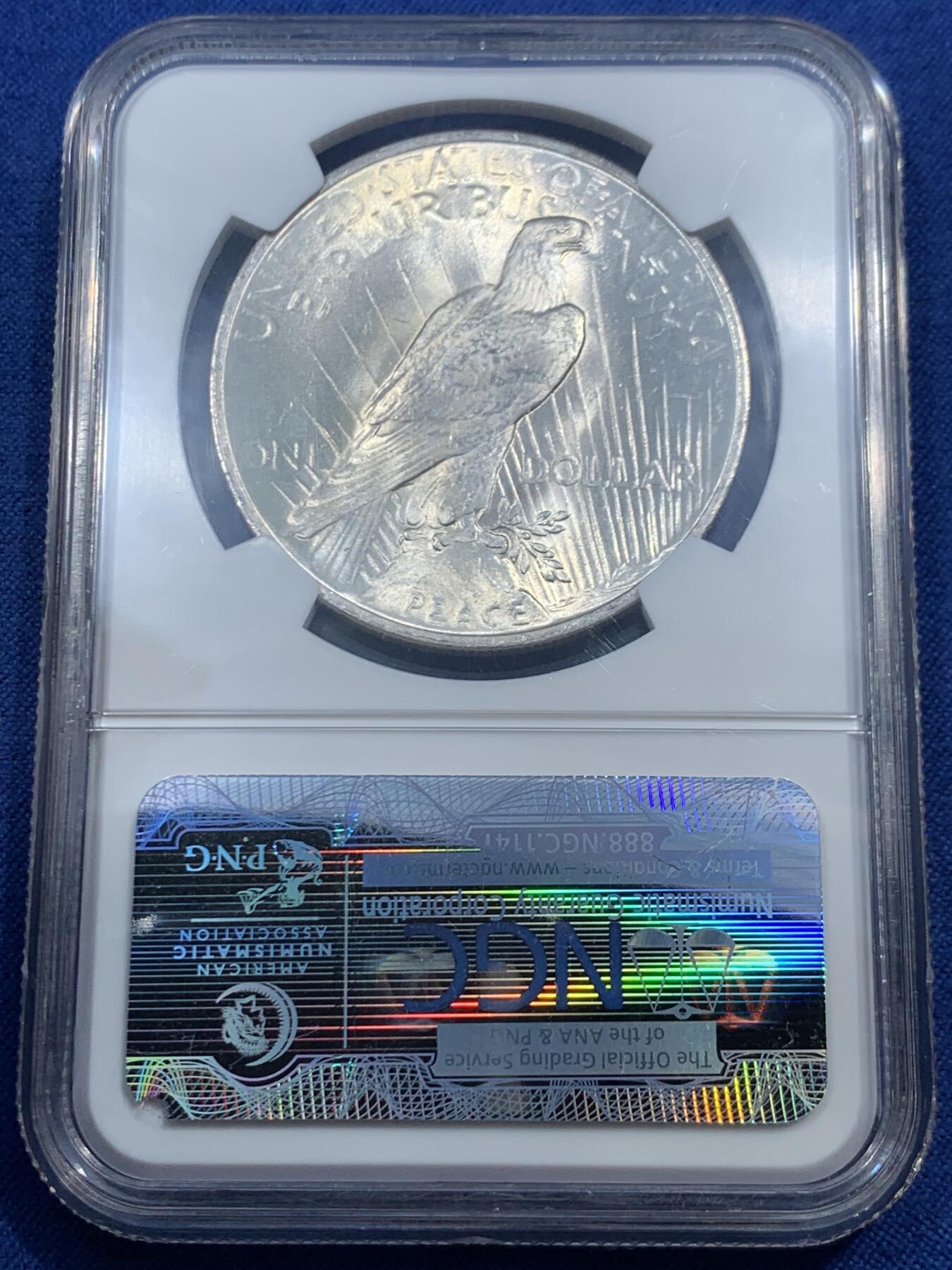 《竞宝斋》第461场 周日，周一，2场连拍 （全场包邮）欢迎送拍 NGC MS63 美国1923年和平1美元银币 早期标签 曝光状态 值得收藏