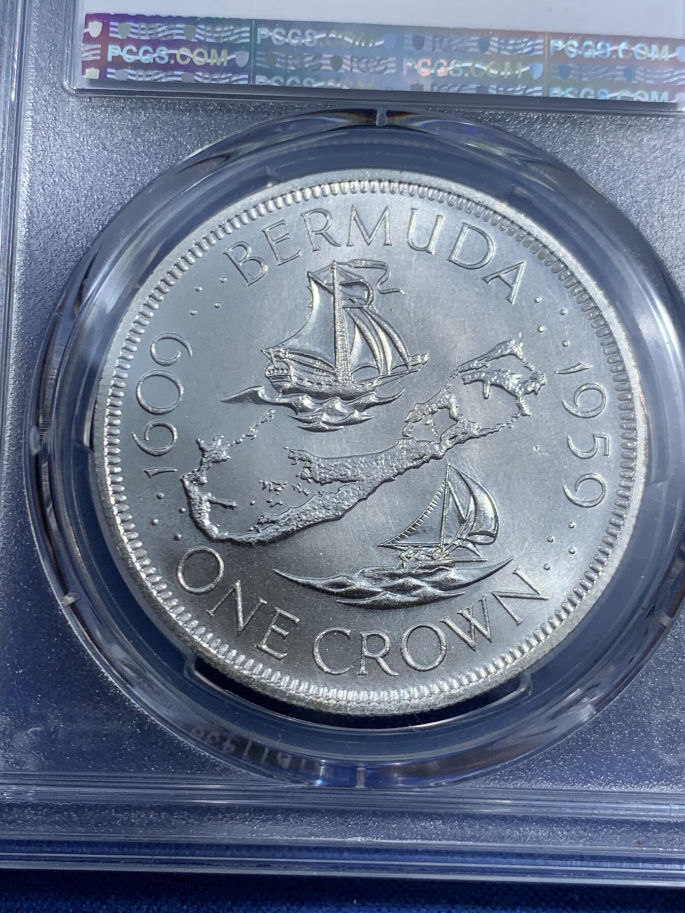 《竞宝斋》第461场 周日，周一，2场连拍 （全场包邮）欢迎送拍 PCGS MS66 英属百慕大1959年伊丽莎白二世1克朗大银币