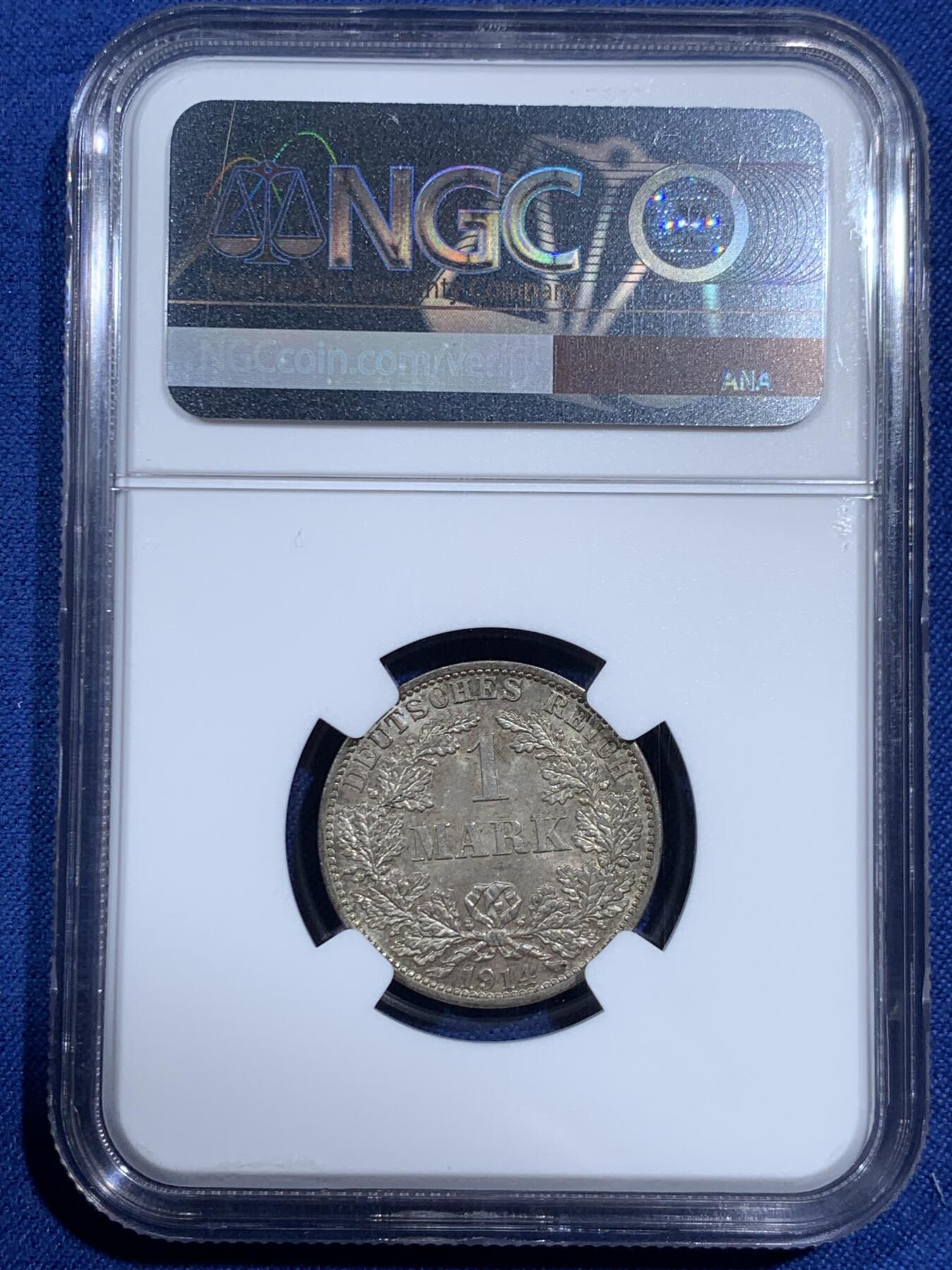 《竞宝斋》第461场 周日，周一，2场连拍 （全场包邮）欢迎送拍 NGC UNC 德国1914年1马克银币 双面原味带彩