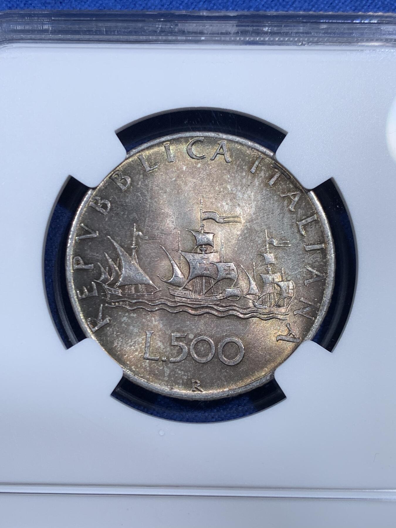 《竞宝斋》第461场 周日，周一，2场连拍 （全场包邮）欢迎送拍 NGC MS64 意大利1958年500里拉银币，该版500里拉首年份，经典人妻帆船设计，代表事业与爱情，双面深彩包浆