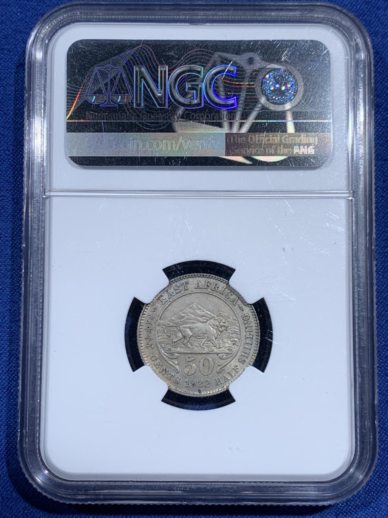 《竞宝斋》第461场 周日，周一，2场连拍 （全场包邮）欢迎送拍 NGC MS62 英属东非1922年50分银币 原光