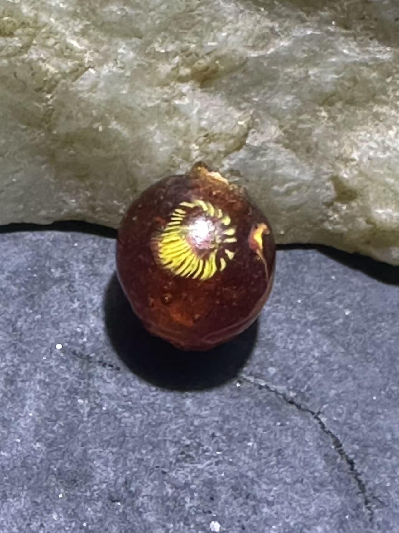 建国前后库存琥珀色祥云纹立体凤眼琉璃珠一颗，