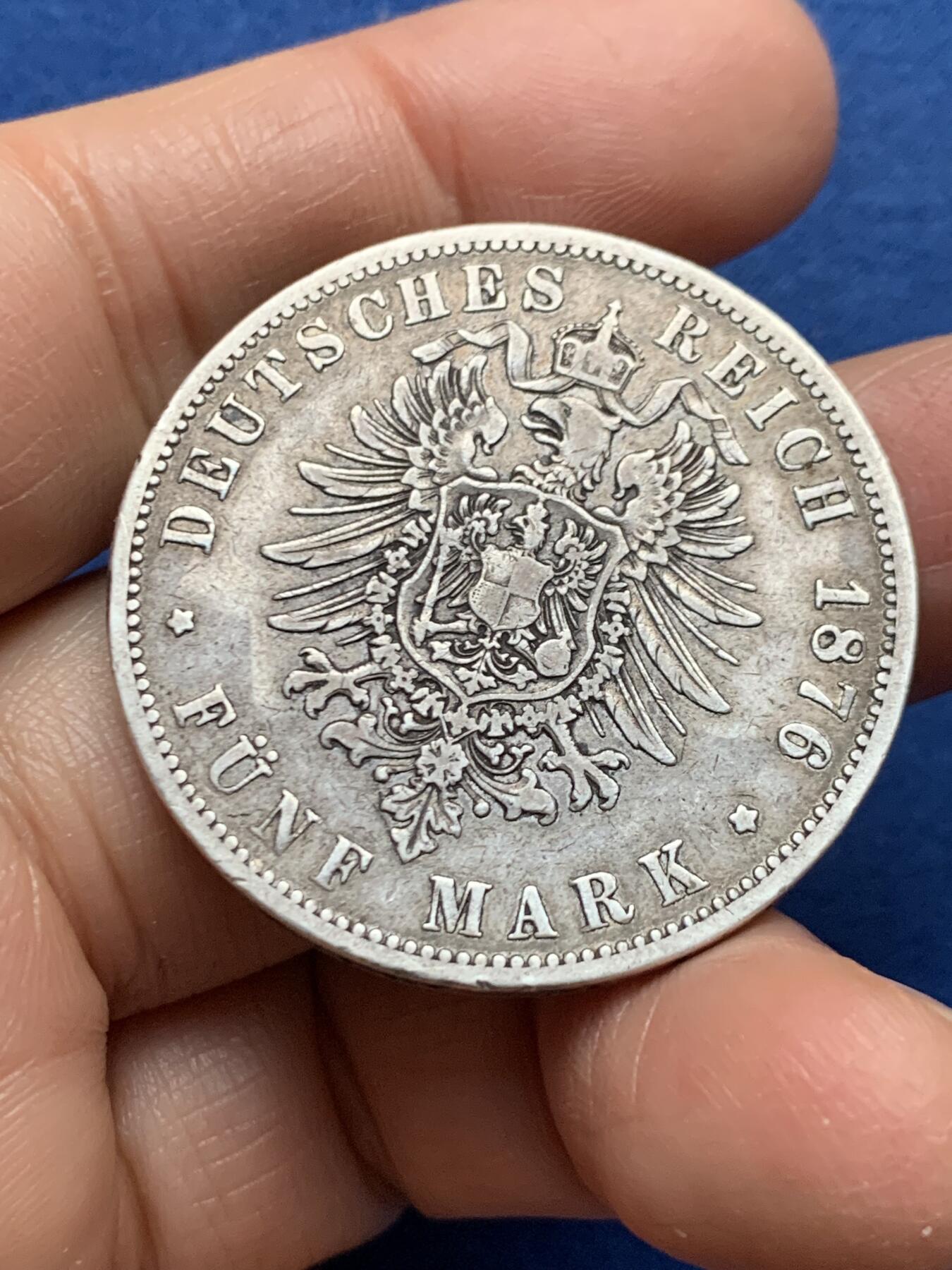 《竞宝斋》第461场 周日，周一，2场连拍 （全场包邮）欢迎送拍 德国 普鲁士 1876年 威廉一世 5马克 银币