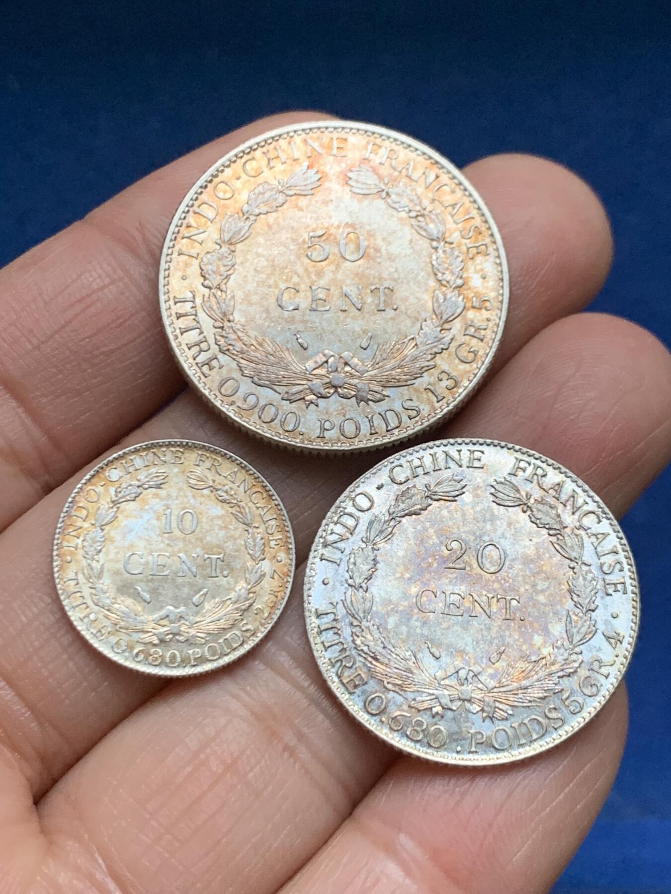 《竞宝斋》第461场 周日，周一，2场连拍 （全场包邮）欢迎送拍 三枚一组 法属印度支那坐洋50分20分10分银币 好品好状态