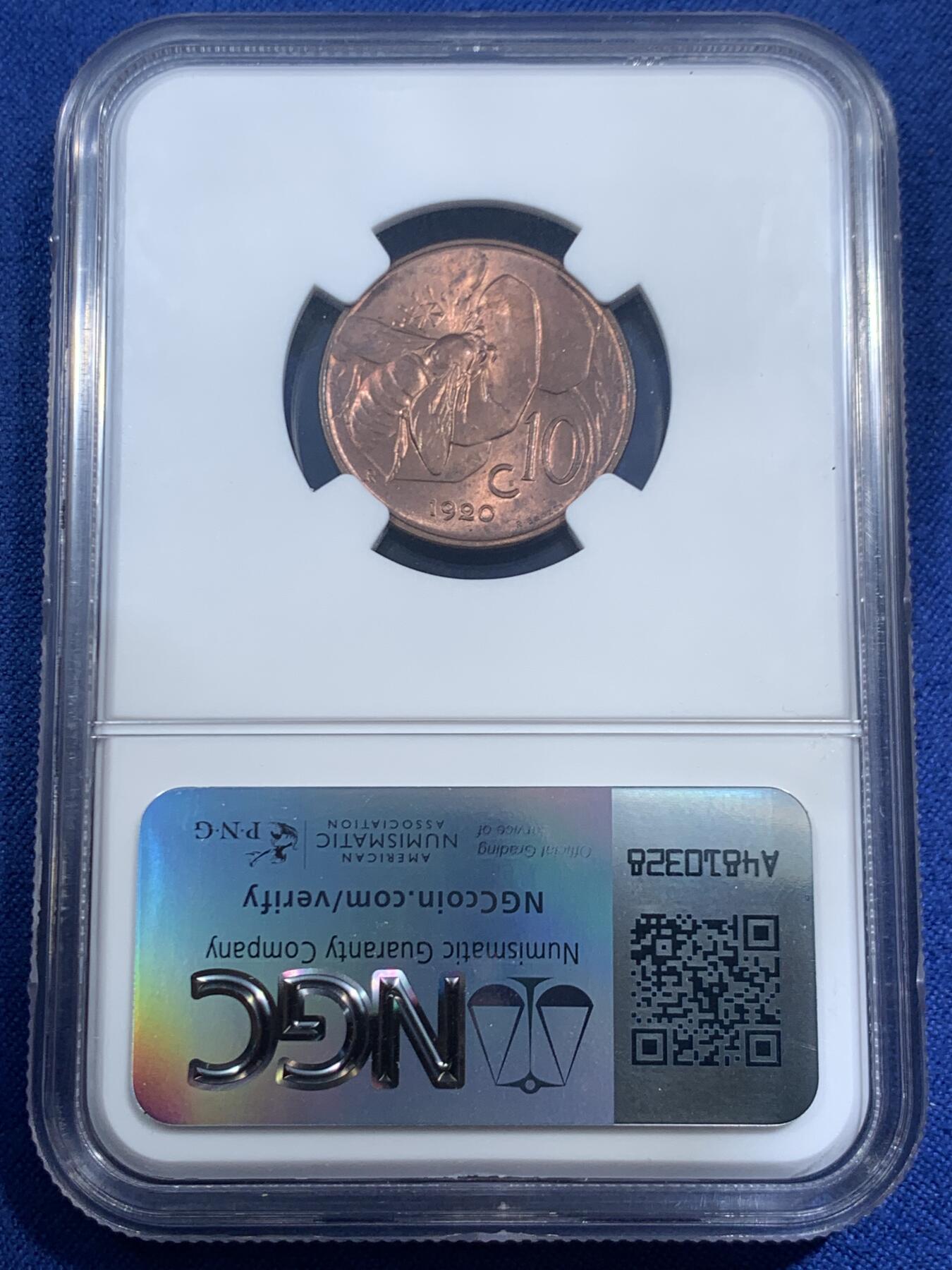 《竞宝斋》第461场 周日，周一，2场连拍 （全场包邮）欢迎送拍 NGC MS64RB 意大利1920年小蜜蜂10分，古典主义风格代表作品，极美的设计，原铜光不容易