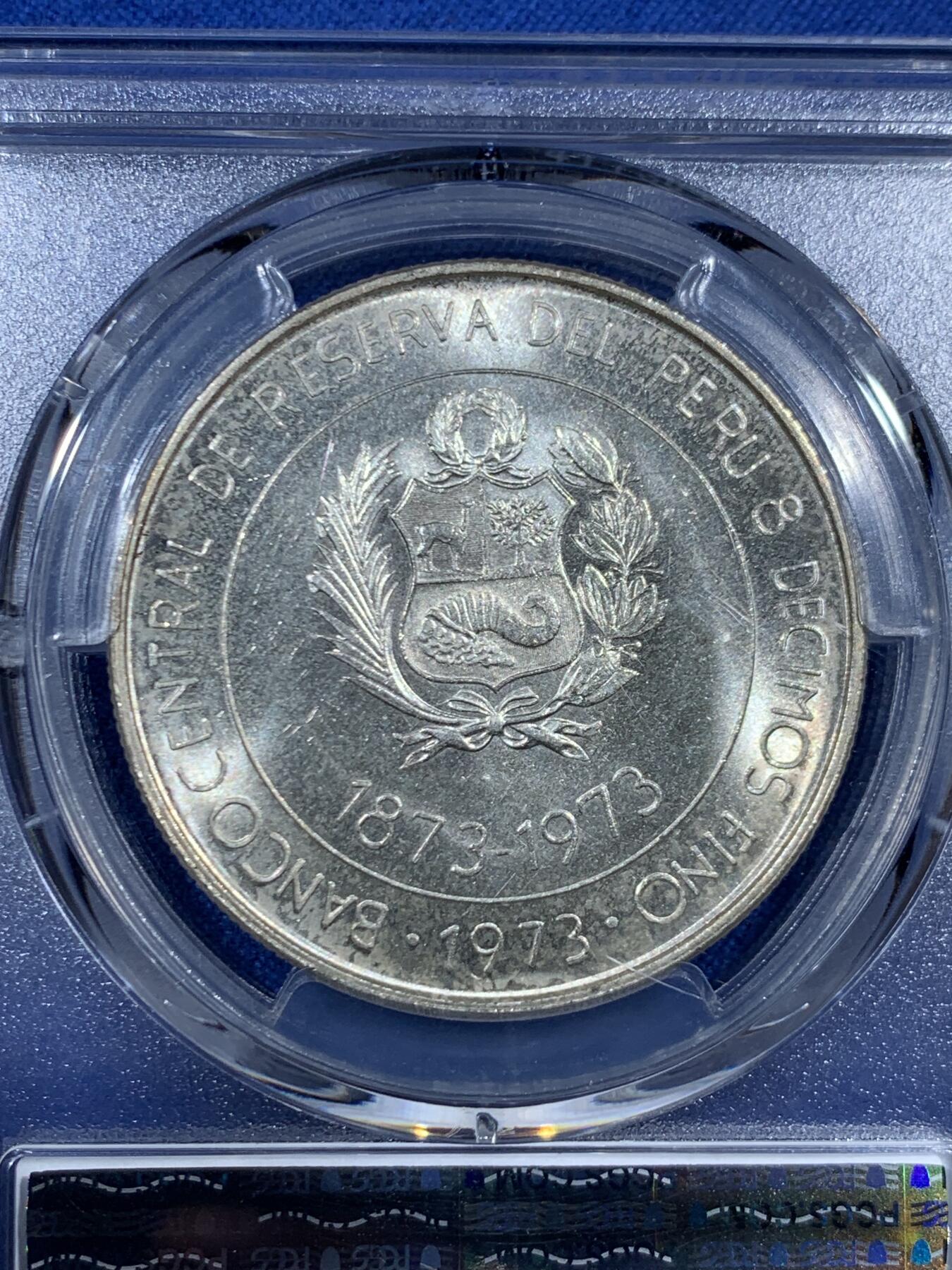 《竞宝斋》第461场 周日，周一，2场连拍 （全场包邮）欢迎送拍 PCGS MS65 秘鲁1973年日本秘鲁贸易百年100索尔纪念银币