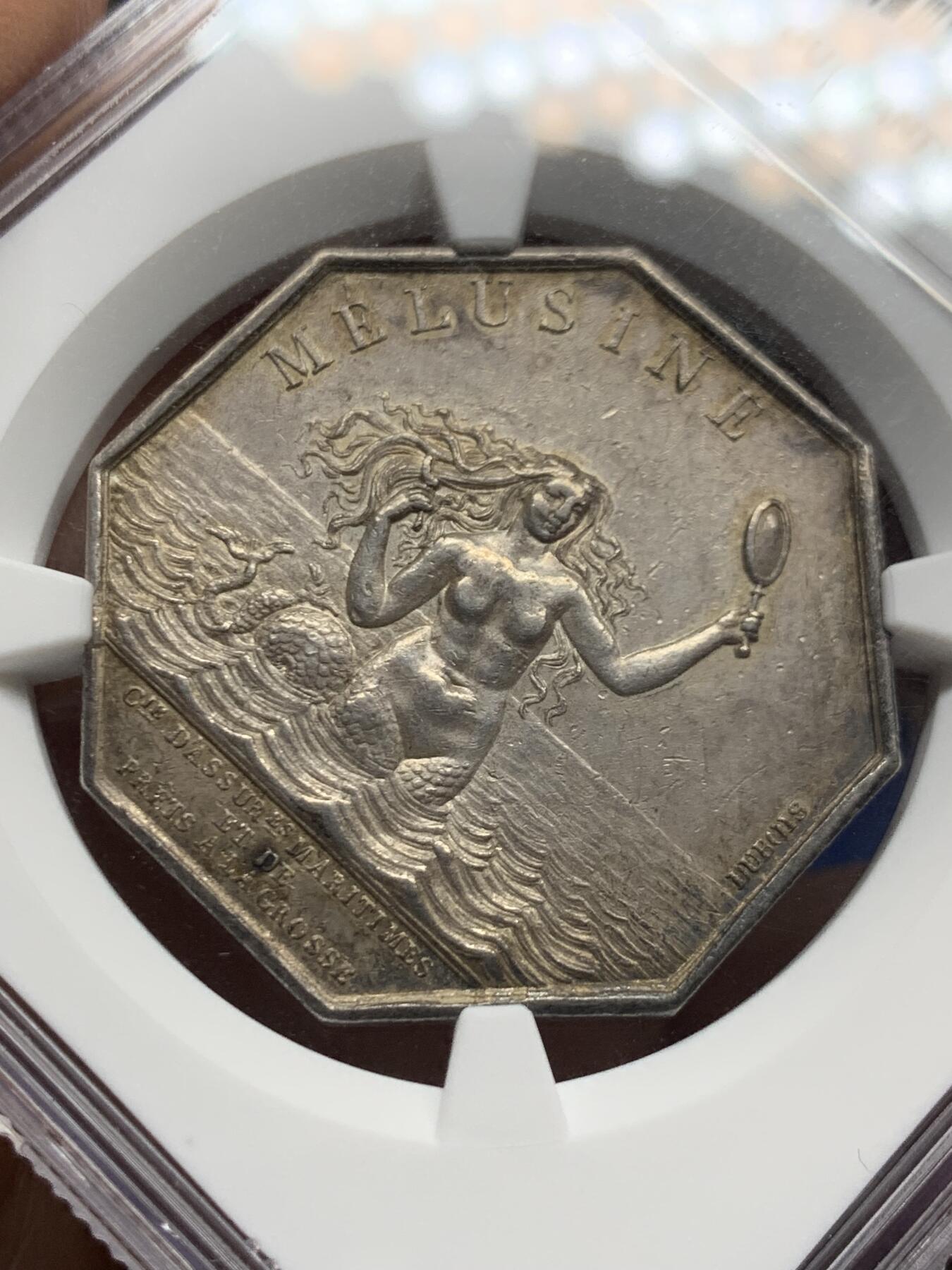 《竞宝斋》第461场 周日，周一，2场连拍 （全场包邮）欢迎送拍 NGC MS61 法国19世纪海妖八角银质代币 神灯边铭 名誉品 原味包浆 品相状态不错 上MS不容易