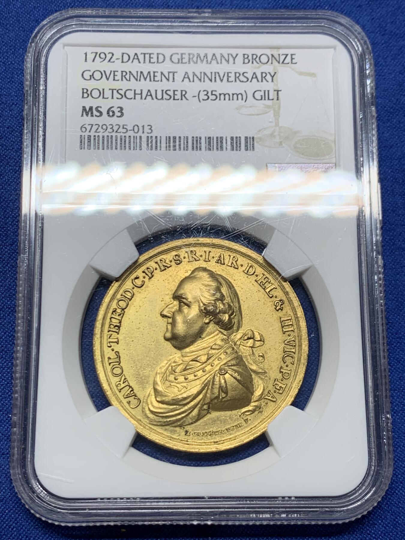 《竞宝斋》第461场 周日，周一，2场连拍 （全场包邮）欢迎送拍 NGC MS63 德国普法尔茨选侯国 纪念选侯卡尔·特奥多尔执政50周年镀金铜章 罕见品种