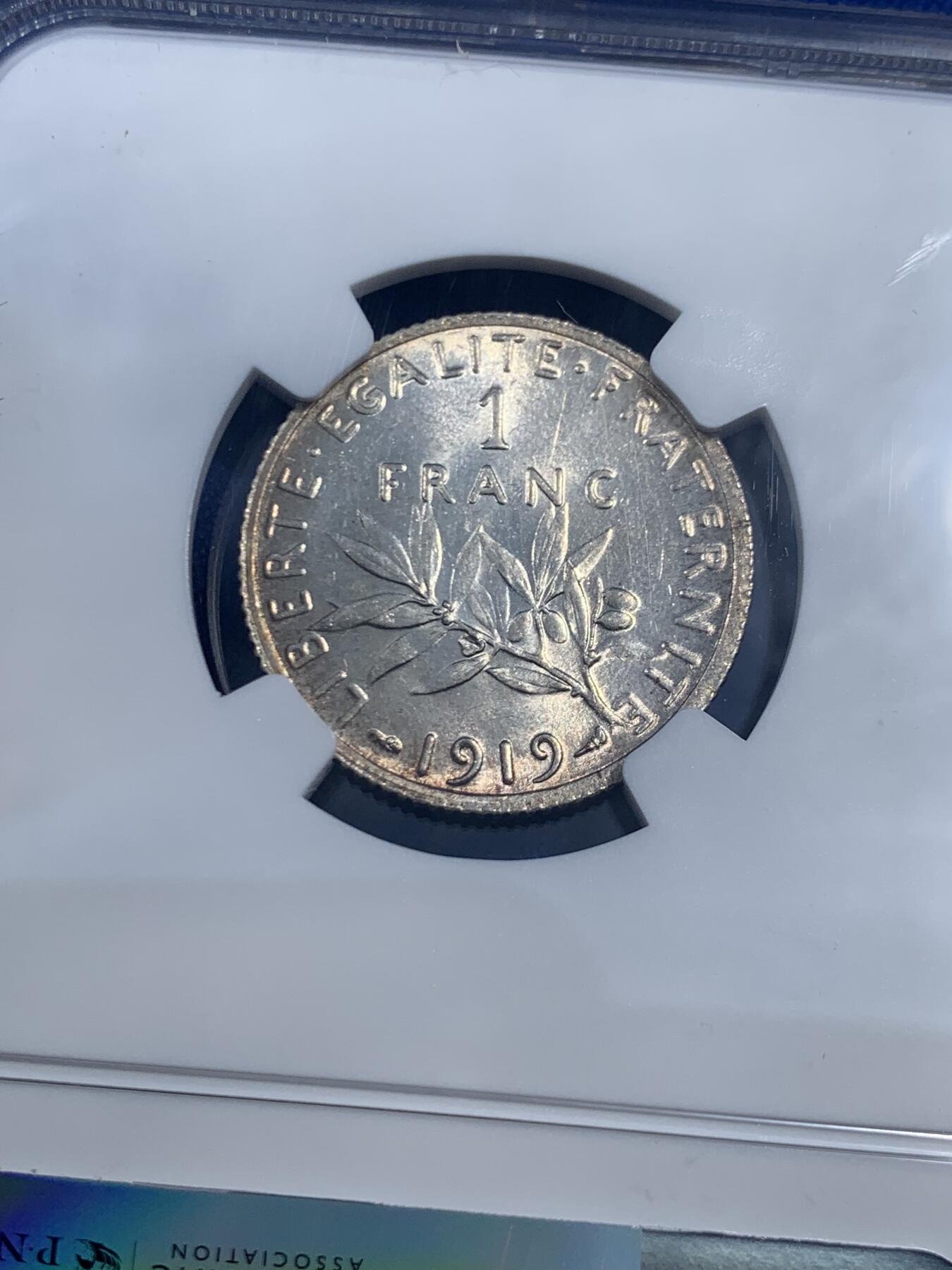 《竞宝斋》第461场 周日，周一，2场连拍 （全场包邮）欢迎送拍 NGC MS63 法国1919年播种女神1法郎银币 低评