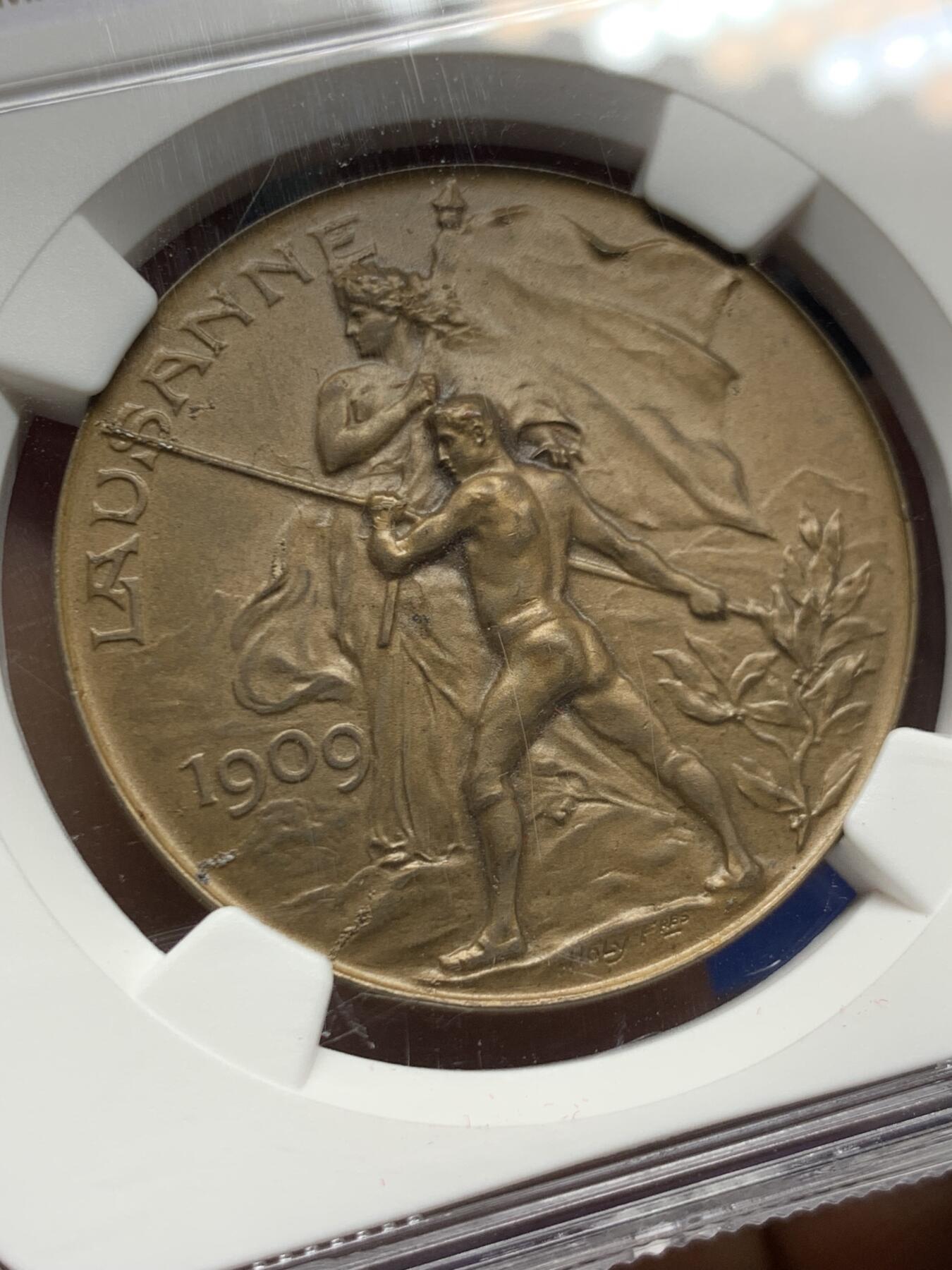 《竞宝斋》第461场 周日，周一，2场连拍 （全场包邮）欢迎送拍 NGC MS65BN 1909年 瑞士洛桑 城市景观铜章 超燃品相 高分好状态