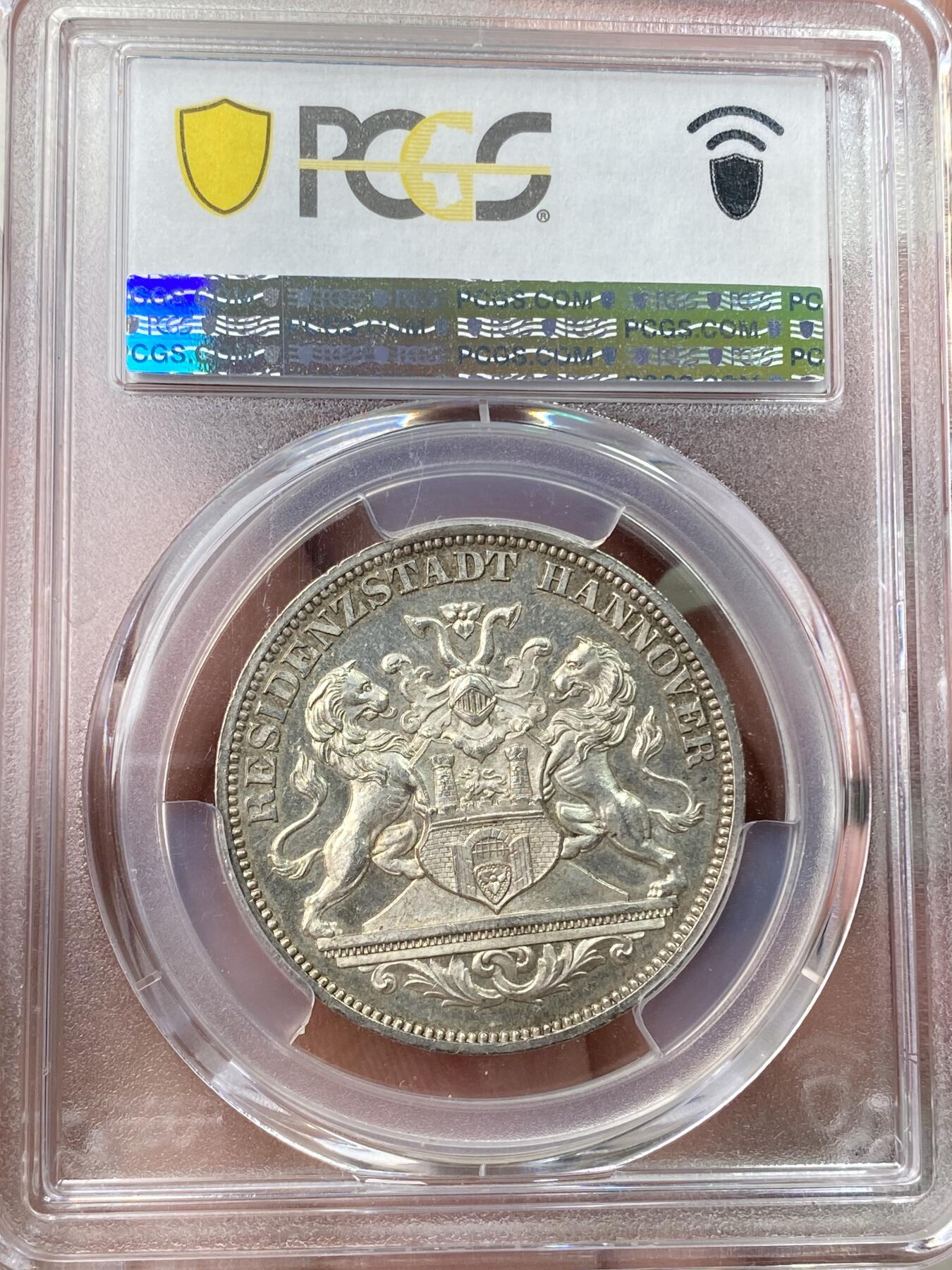 万国钱币拍卖第059期 PCGS MS63 1872汉诺威射击节女武神泰勒 发行量6317枚 高浮雕喷砂质感 原味香槟淡彩