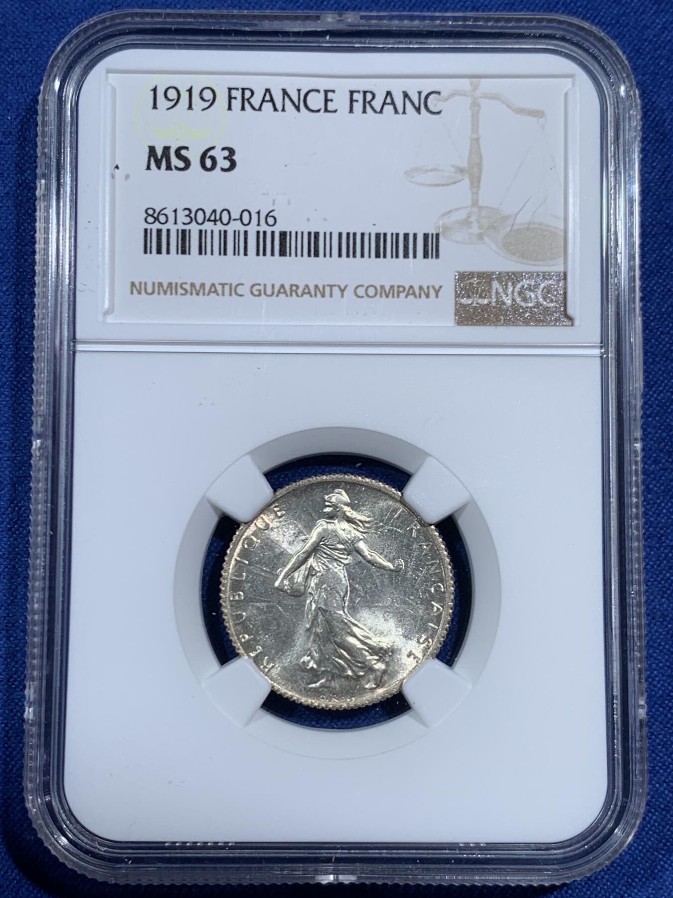 《竞宝斋》第461场 周日，周一，2场连拍 （全场包邮）欢迎送拍 NGC MS63 法国1919年播种女神1法郎银币 低评