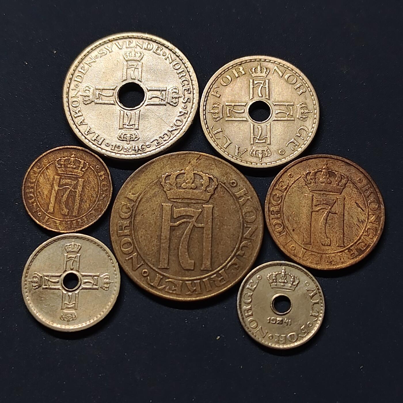 【全场包邮】纯粹捡漏拍498场-持续更新中 挪威1922-1950年哈康七世7枚套币