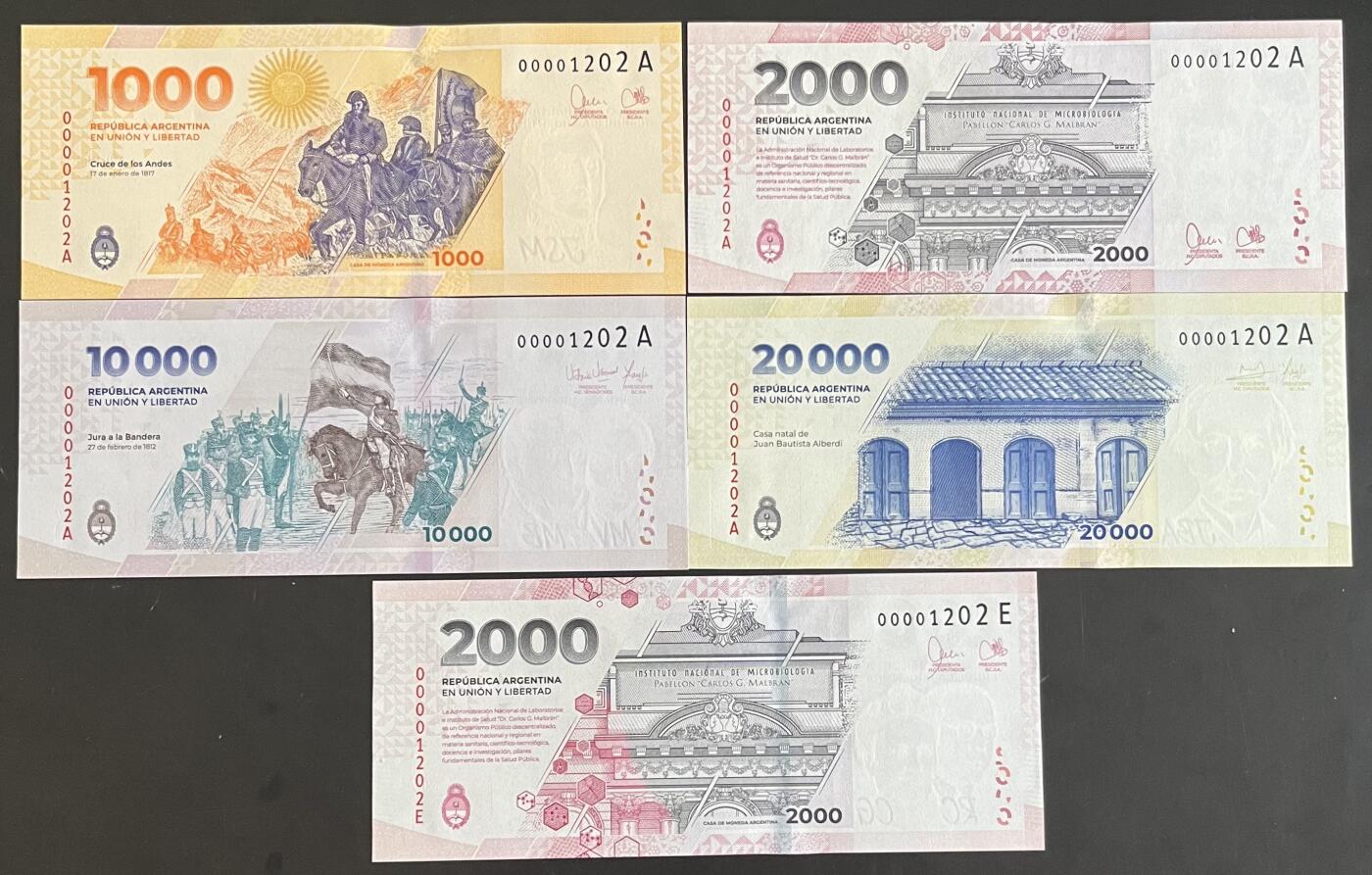 小福收藏拍卖第199期 裸钞场 本期有多张豹子号靓号 瑞士1000法郎 经典提香 毛里求斯首发年大全套 白俄罗斯5000000卢布 苏里南10000盾  爱沙尼亚  苏丹 西班牙 保加利亚 古巴等多国精美纸币 阿根廷 2023-2024年 2000比索（1202E） +1000 2000 10000 20000比索 数3  无47 全同千位号1202A  稀少A首冠  中国代印  5张套 unc