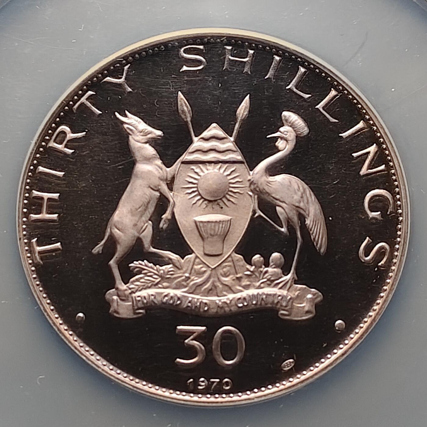 【全场包邮】纯粹捡漏拍499场-持续更新中 乌干达1969年30先令教皇约翰·保禄二世访问精制纪念银币【59.5毫米60克99.9%，纯银价约1680元（按28元银价估算）】-盒证全-量7460（含1969-1970年2年）-NGC PF68 ULTRA CAMEO