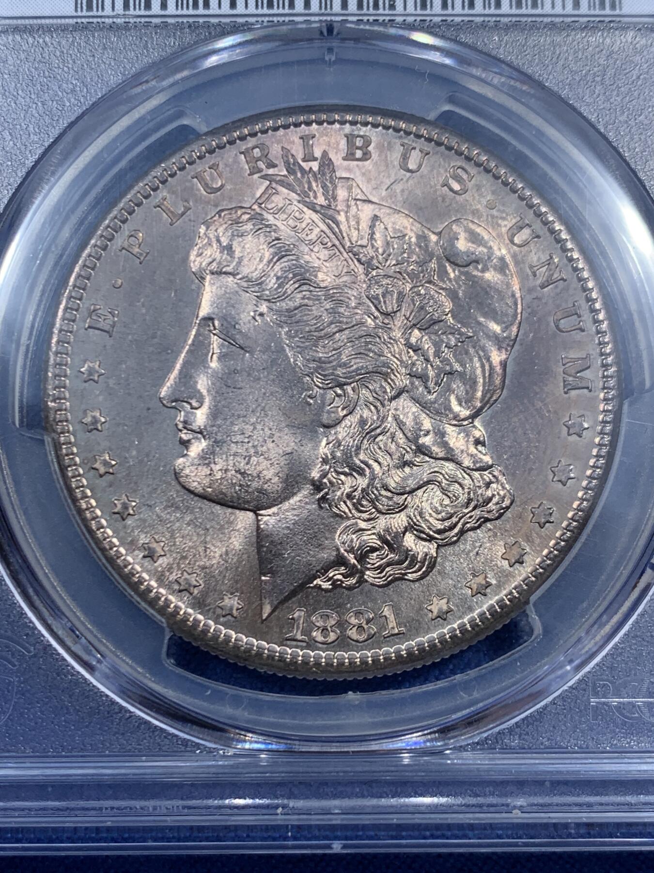 《竞宝斋》第461场 周日，周一，2场连拍 （全场包邮）欢迎送拍 PCGS MS65 美国 1881年s版 摩根1美元银币 淡紫色包浆 转光漂亮