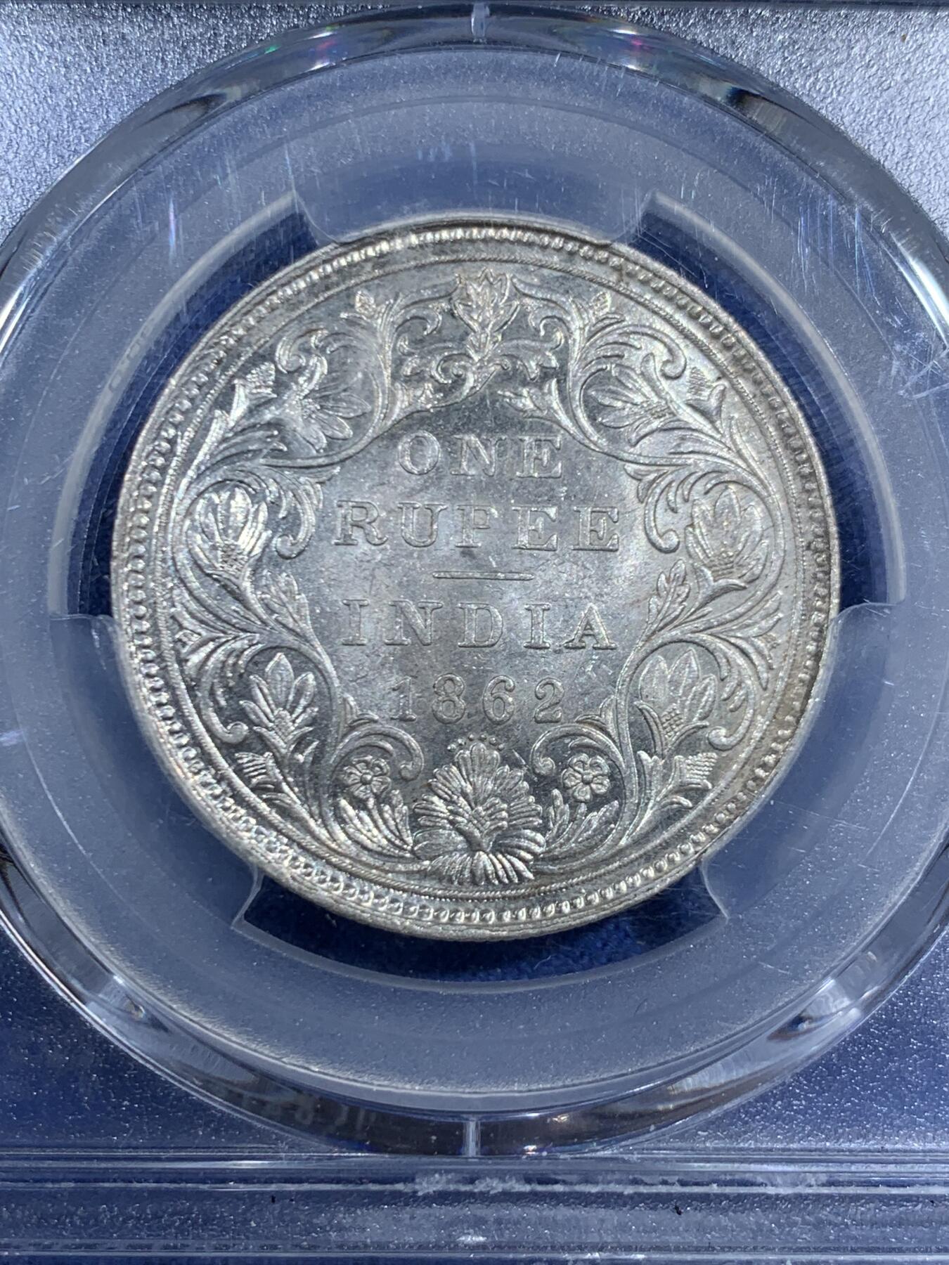 《竞宝斋》第461场 周日，周一，2场连拍 （全场包邮）欢迎送拍 PCGS MS61 英属印度1862年维多利亚女王1卢比银币