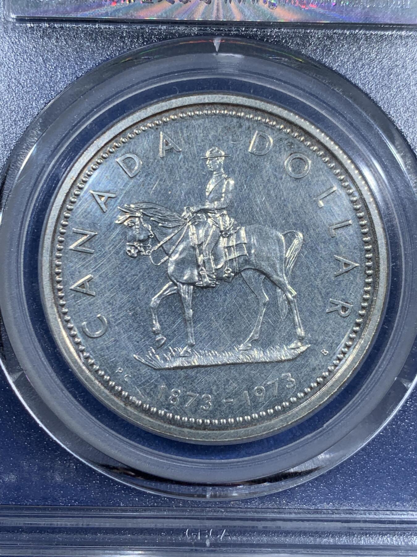 《竞宝斋》第461场 周日，周一，2场连拍 （全场包邮）欢迎送拍 公博 MS61 加拿大1973年皇家骑警成立100周年纪念银币