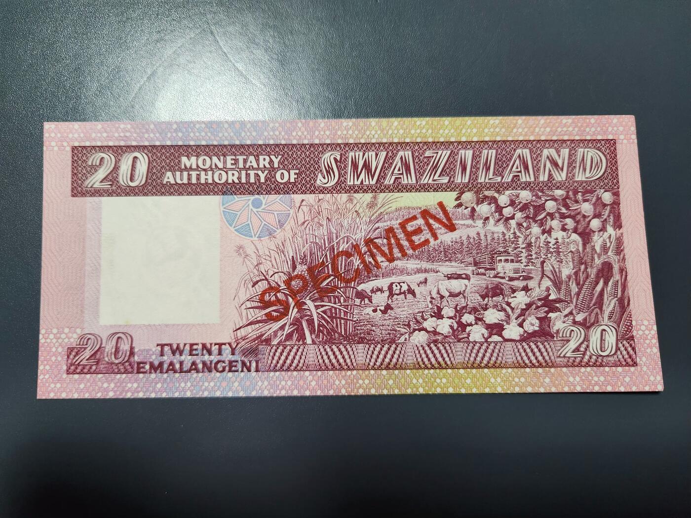 1月25号晚上8点 外国纸币自动截拍第13场 全新 斯威士兰1974年20里兰吉尼 样票 极少