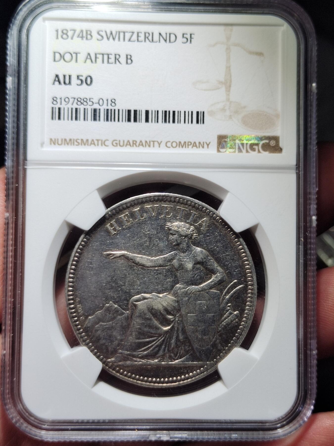 中外钱币第七场 NGC-AU50瑞士1874年5法郎银币