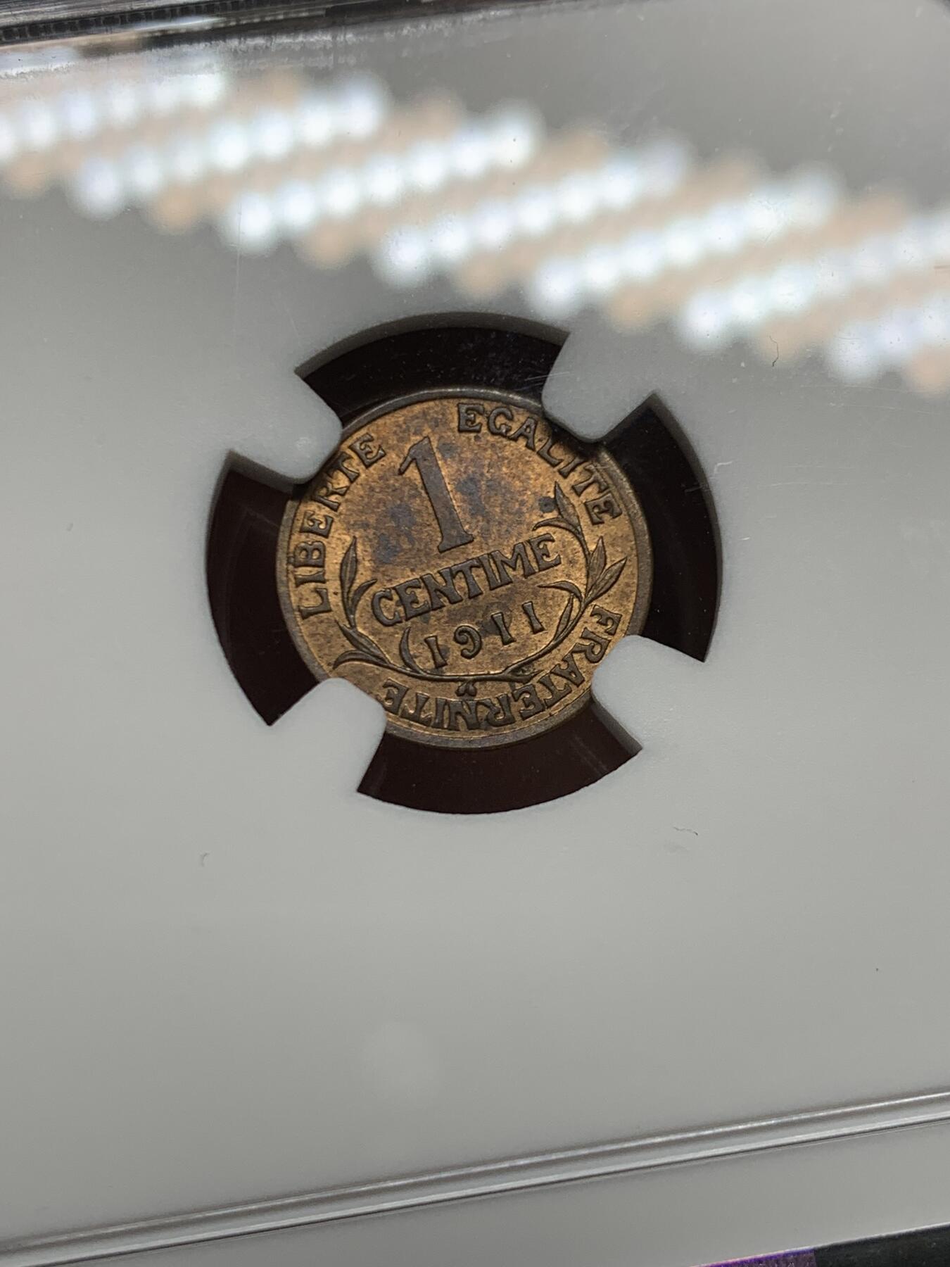 《竞宝斋》第461场 周日，周一，2场连拍 （全场包邮）欢迎送拍 NGC MS63RB 法国1911年1分铜币