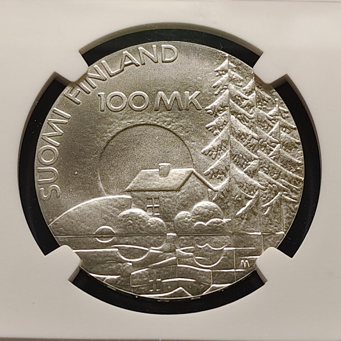 【全场包邮】纯粹捡漏拍499场-持续更新中 【收藏级·亚军分】芬兰1990年100马克伤残退伍军人50周年纪念银币【35毫米24克83%，纯银价约558元（按28元银价估算）】-NGC MS69（更高分仅2枚）