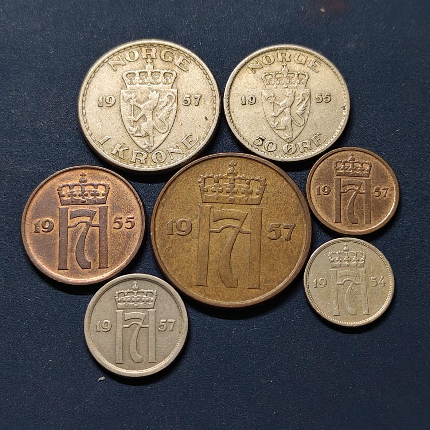 【全场包邮】纯粹捡漏拍498场-持续更新中 挪威1954-1957年哈康七世后期7枚套币