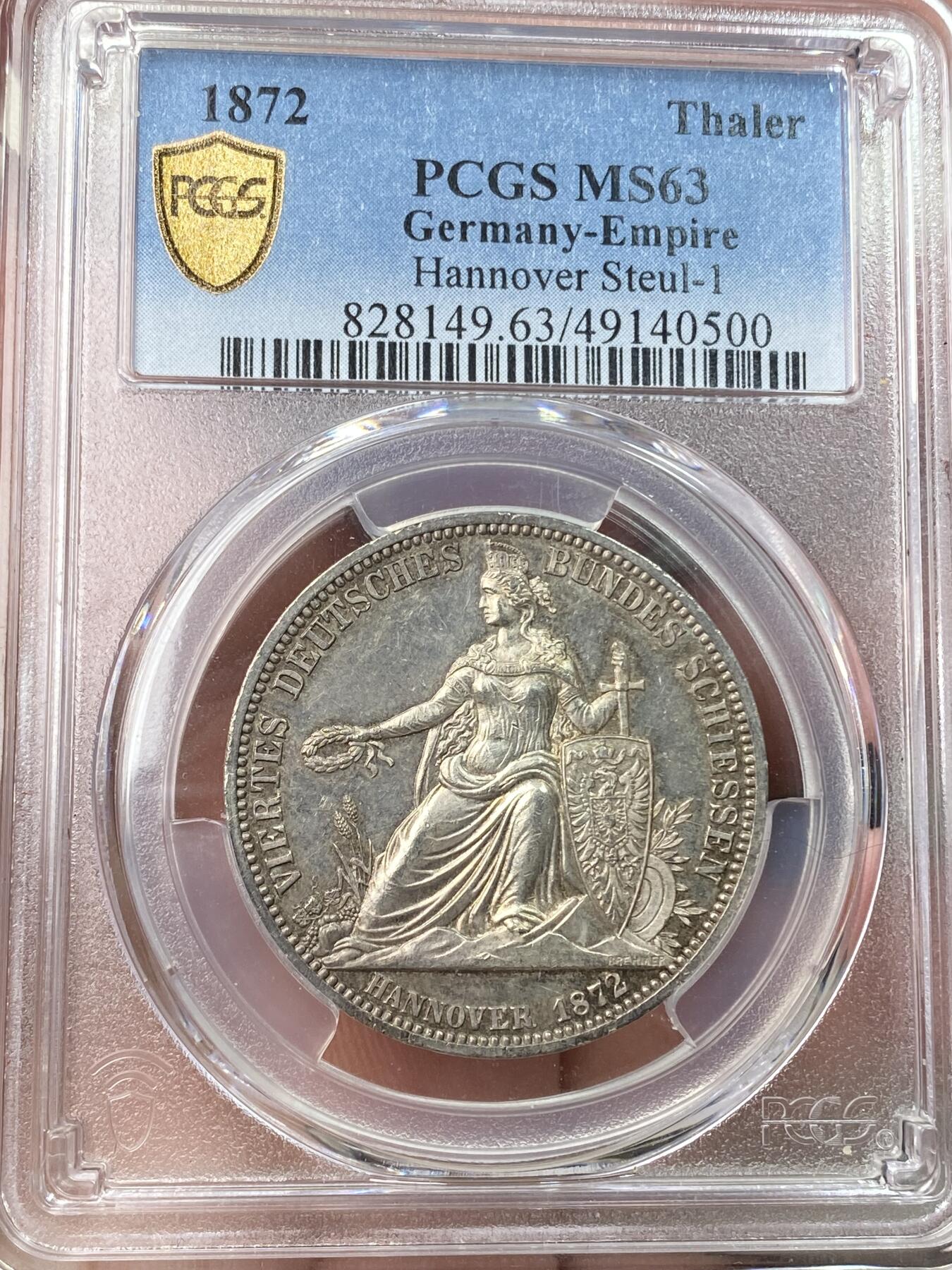 万国钱币拍卖第059期 PCGS MS63 1872汉诺威射击节女武神泰勒 发行量6317枚 高浮雕喷砂质感 原味香槟淡彩