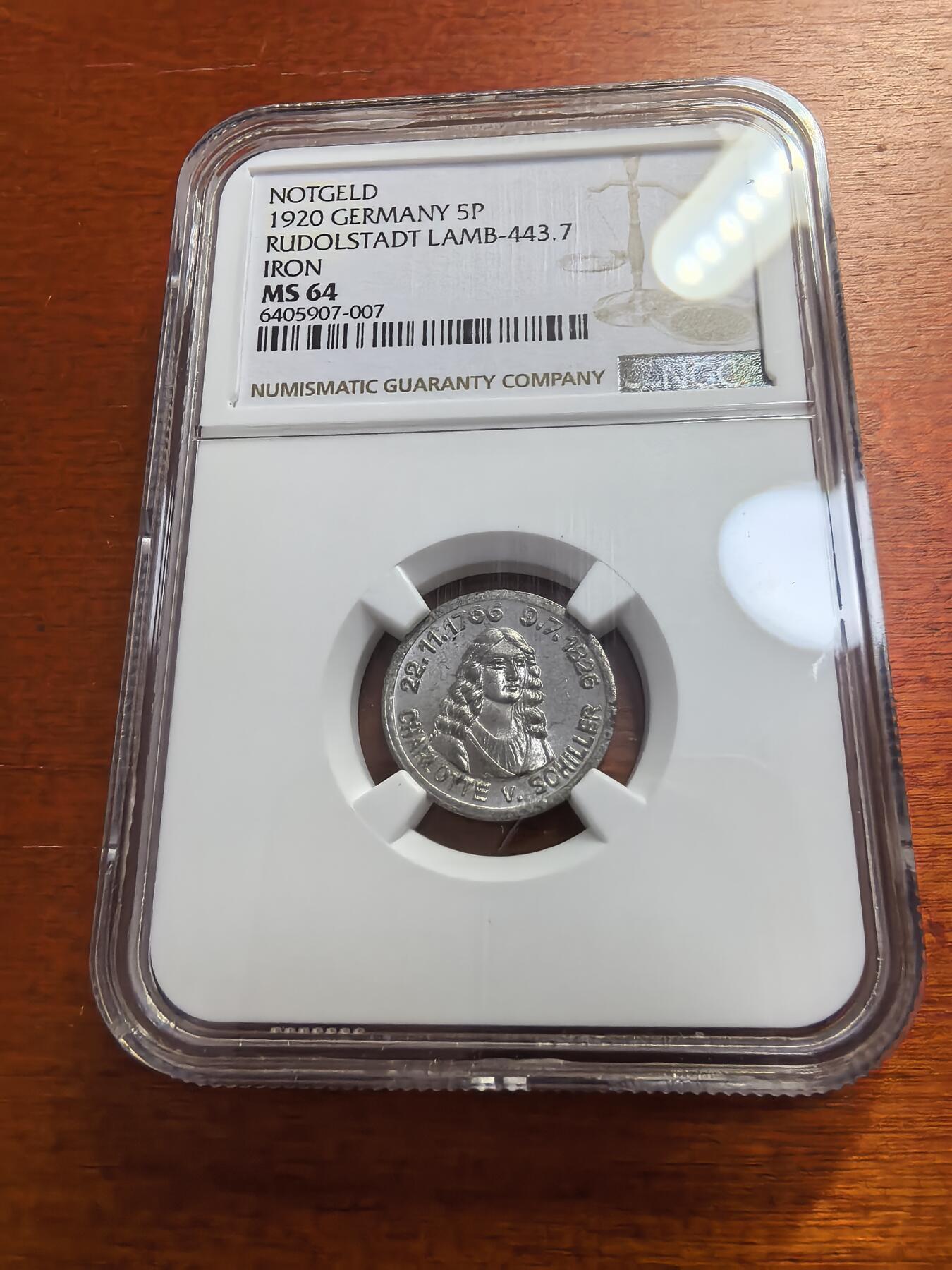 长老汇蛇年精选第九十五场拍卖 1920 德紧鲁道夫施塔特5芬尼铁币，NGC MS64，唯二冠军分