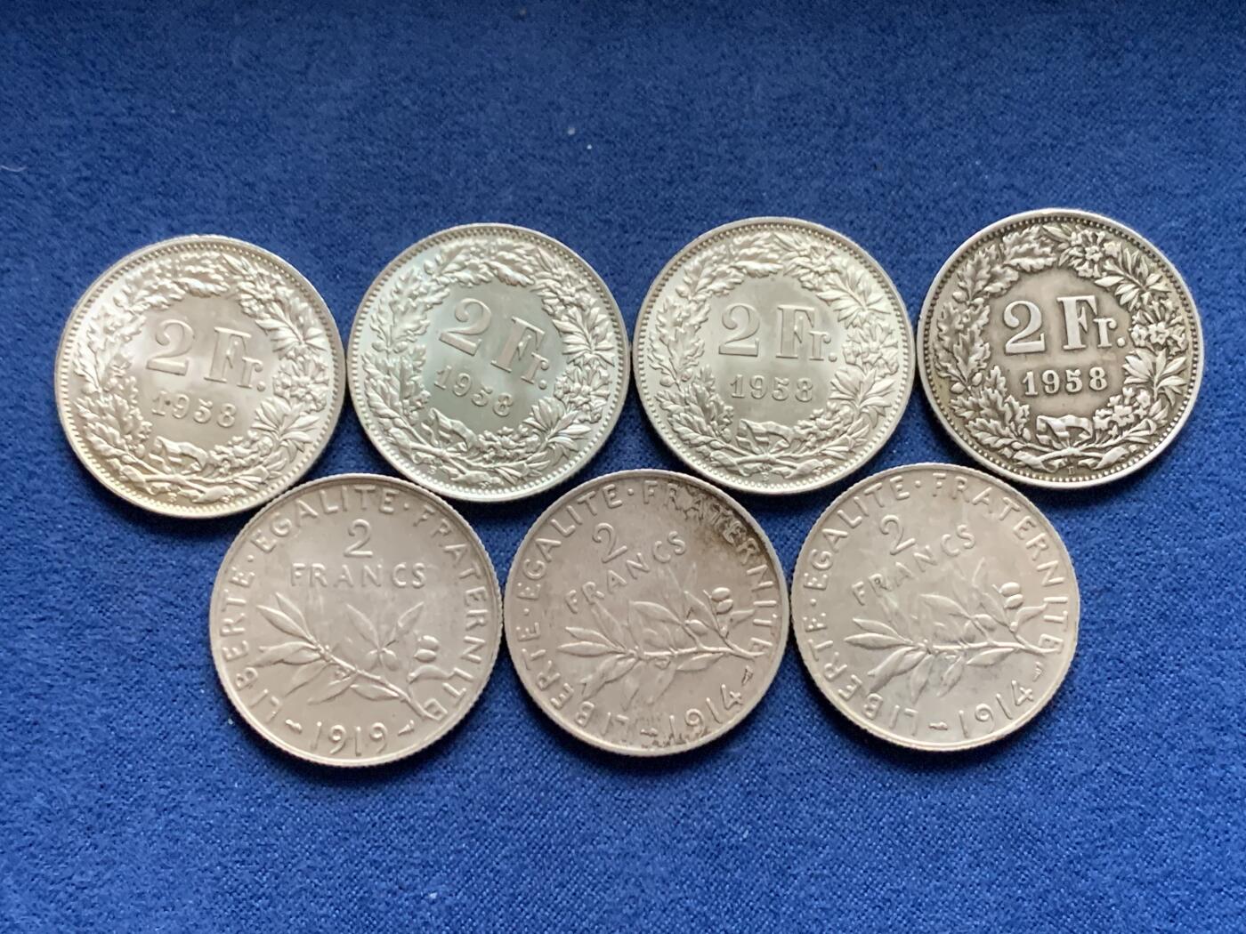 《竞宝斋》第461场 周日，周一，2场连拍 （全场包邮）欢迎送拍 七枚一组 2法郎银币 瑞士雪山女神4枚+法国播种女神3枚 总重69.85克