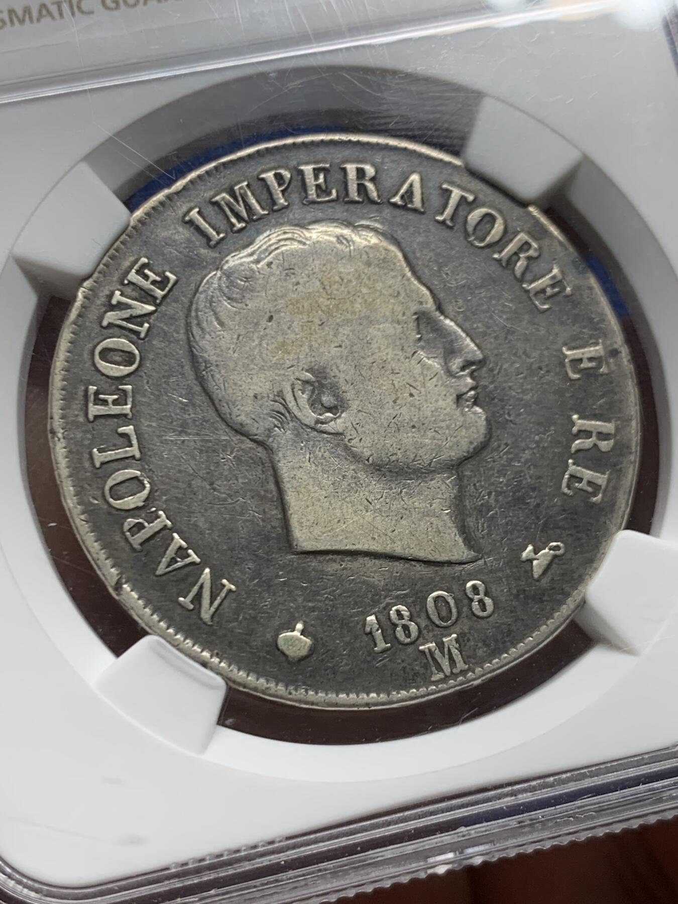 《竞宝斋》第461场 周日，周一，2场连拍 （全场包邮）欢迎送拍 NGC VG10 法属意大利 1808年 拿破仑5里拉银币 深色包浆原味状态