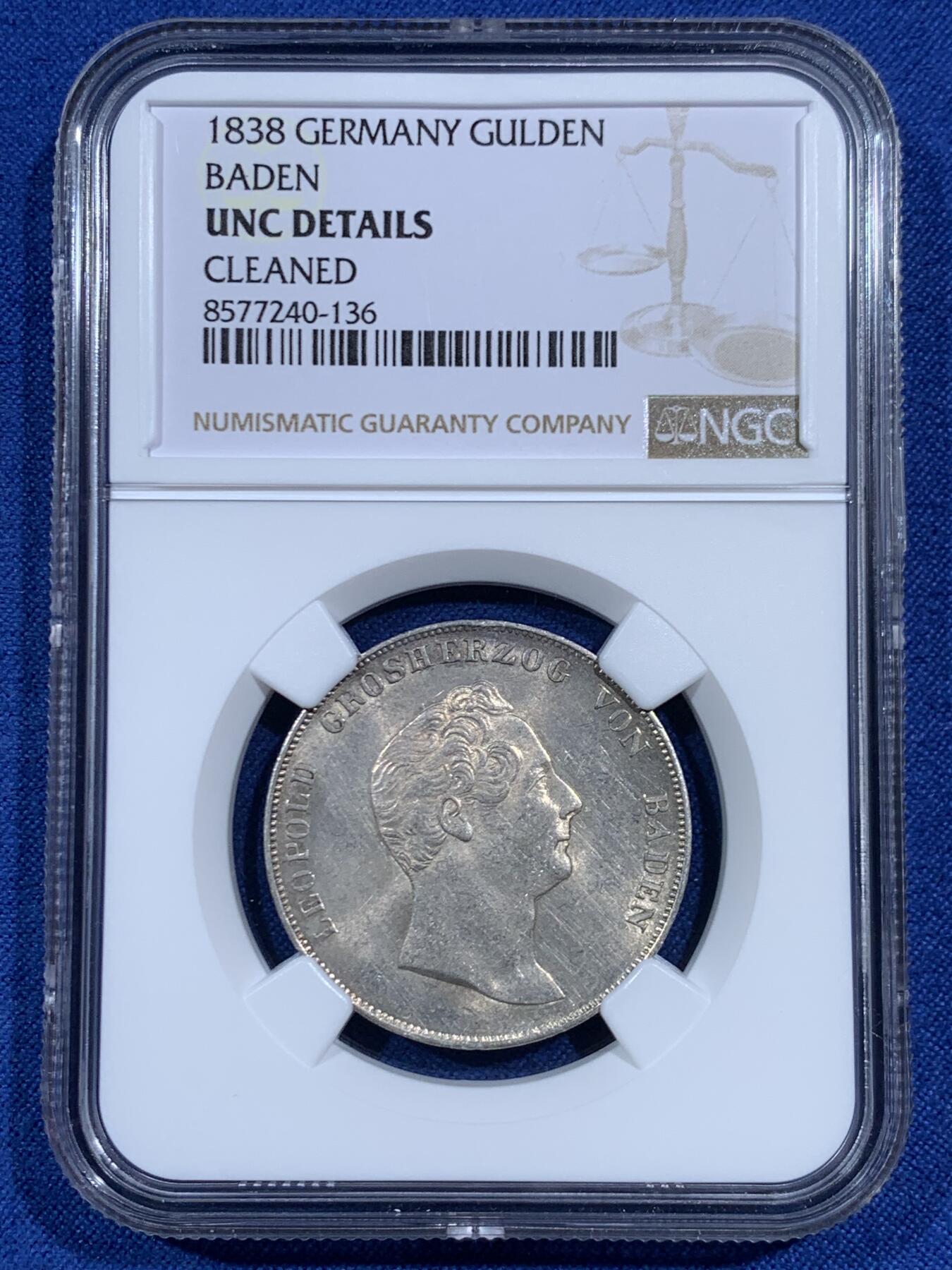 《竞宝斋》第461场 周日，周一，2场连拍 （全场包邮）欢迎送拍 NGC UNCD 德国巴登1838利奥波德一盾银币，光度状态都很不错，可以尝试重评