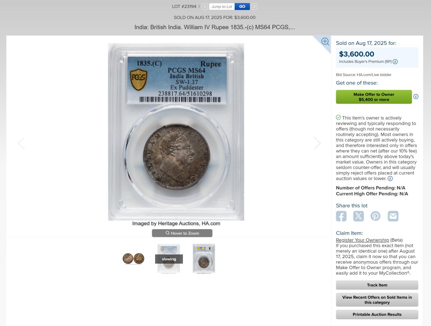 万国钱币拍卖第059期 NGC MS64 1835年英属印度威廉四世1卢比银币 原味金彩转光收藏级品质 高分飞涨品种 25年8月HA同分成交价3600美金