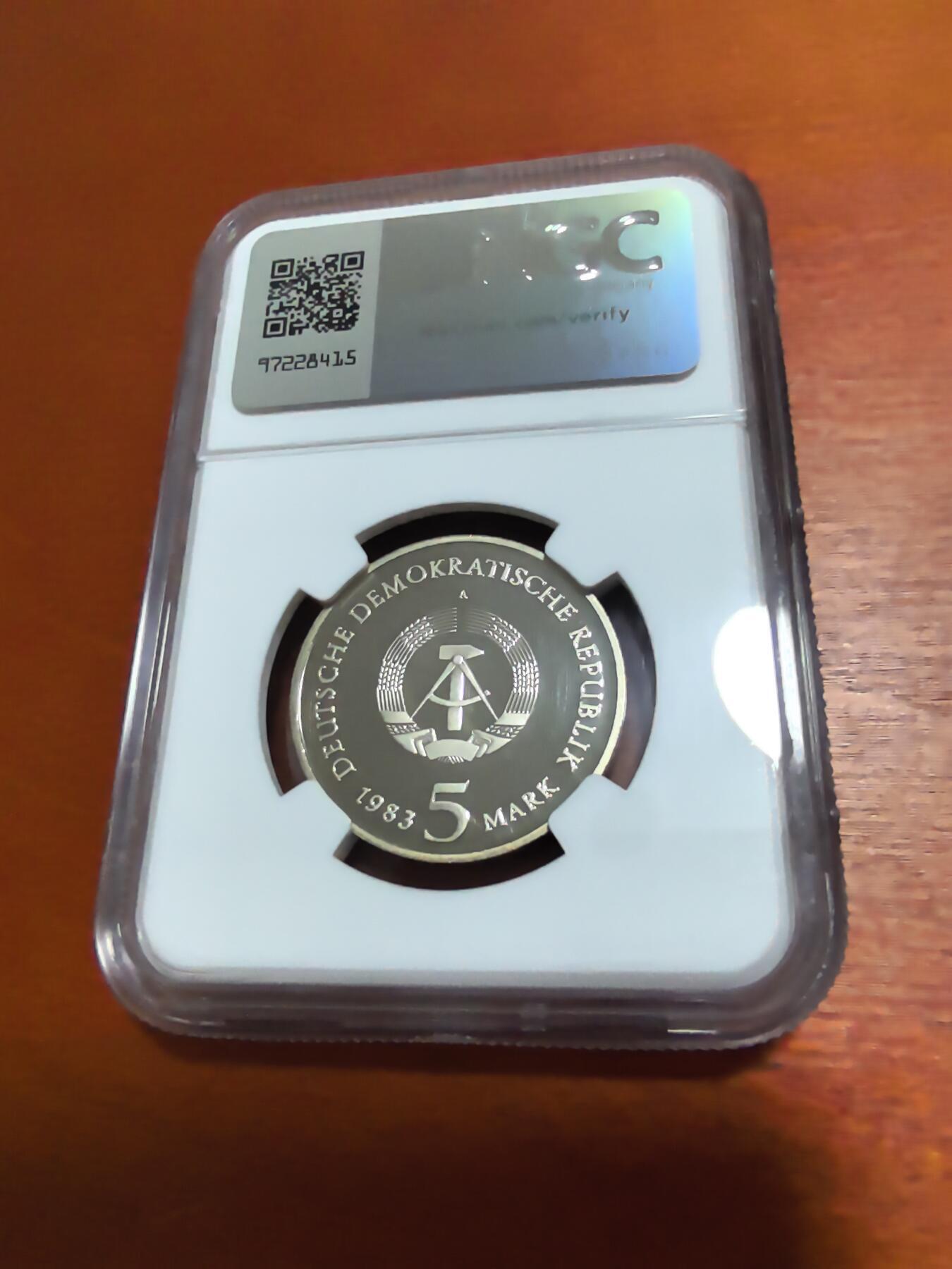 长老汇蛇年精选第九十五场拍卖 1983东德威登堡教堂 5马克精制镍币，NGC PF68UC，冠军，5500枚