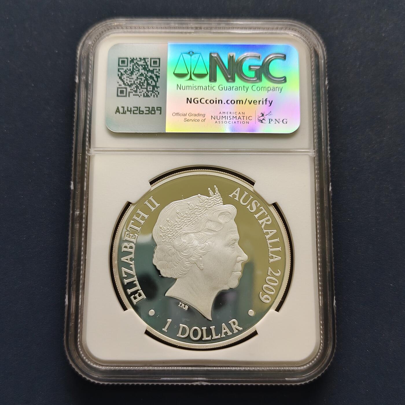 【全场包邮】纯粹捡漏拍499场-持续更新中 澳大利亚2009年1元袋鼠影子精制纪念银币【40.5毫米31.1克99.9%，纯银价约870元（按28元银价折算）】-NGC PF69 ULTRA CAMEO
