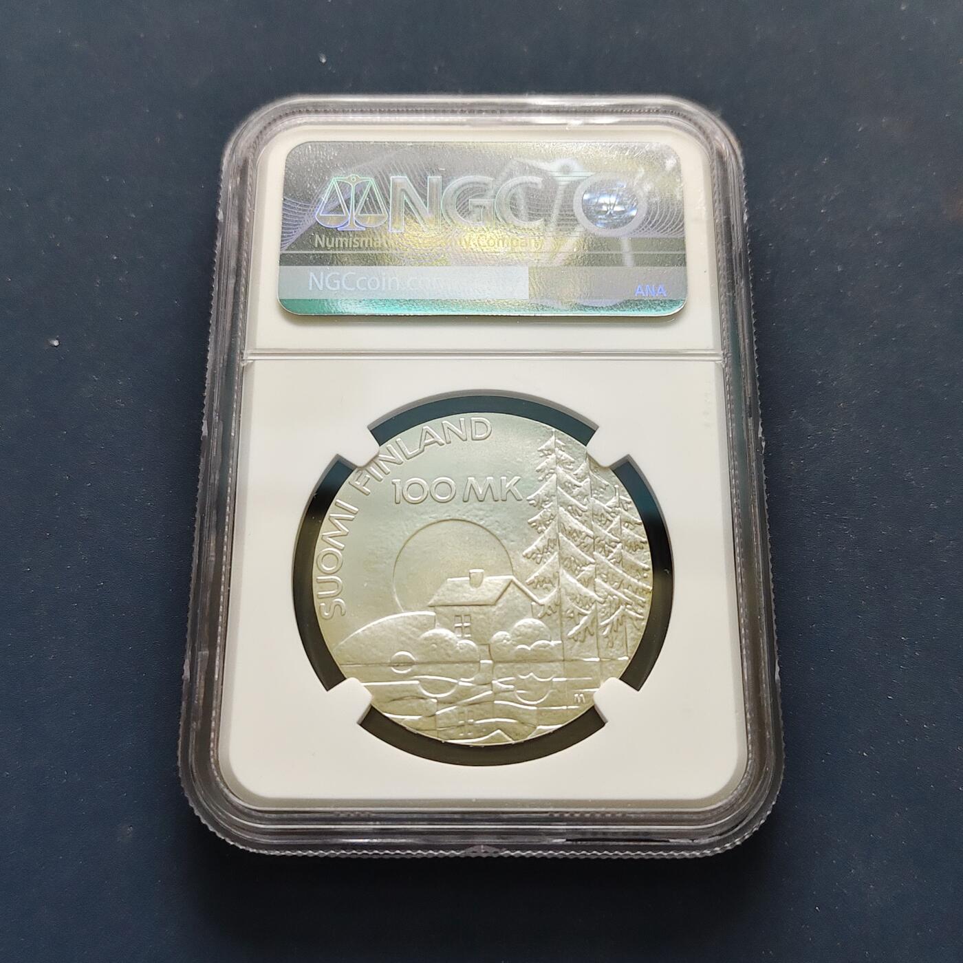 【全场包邮】纯粹捡漏拍499场-持续更新中 【收藏级·亚军分】芬兰1990年100马克伤残退伍军人50周年纪念银币【35毫米24克83%，纯银价约558元（按28元银价估算）】-NGC MS69（更高分仅2枚）