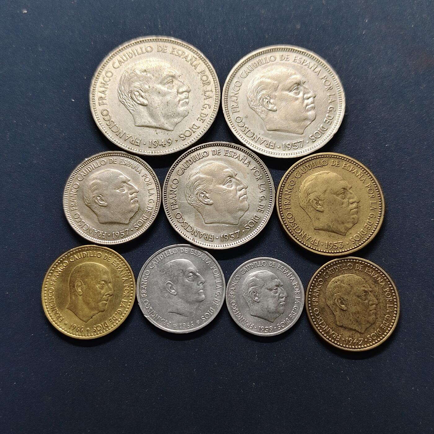【全场包邮】纯粹捡漏拍498场-持续更新中 西班牙1949-1966年佛朗哥版9枚套币